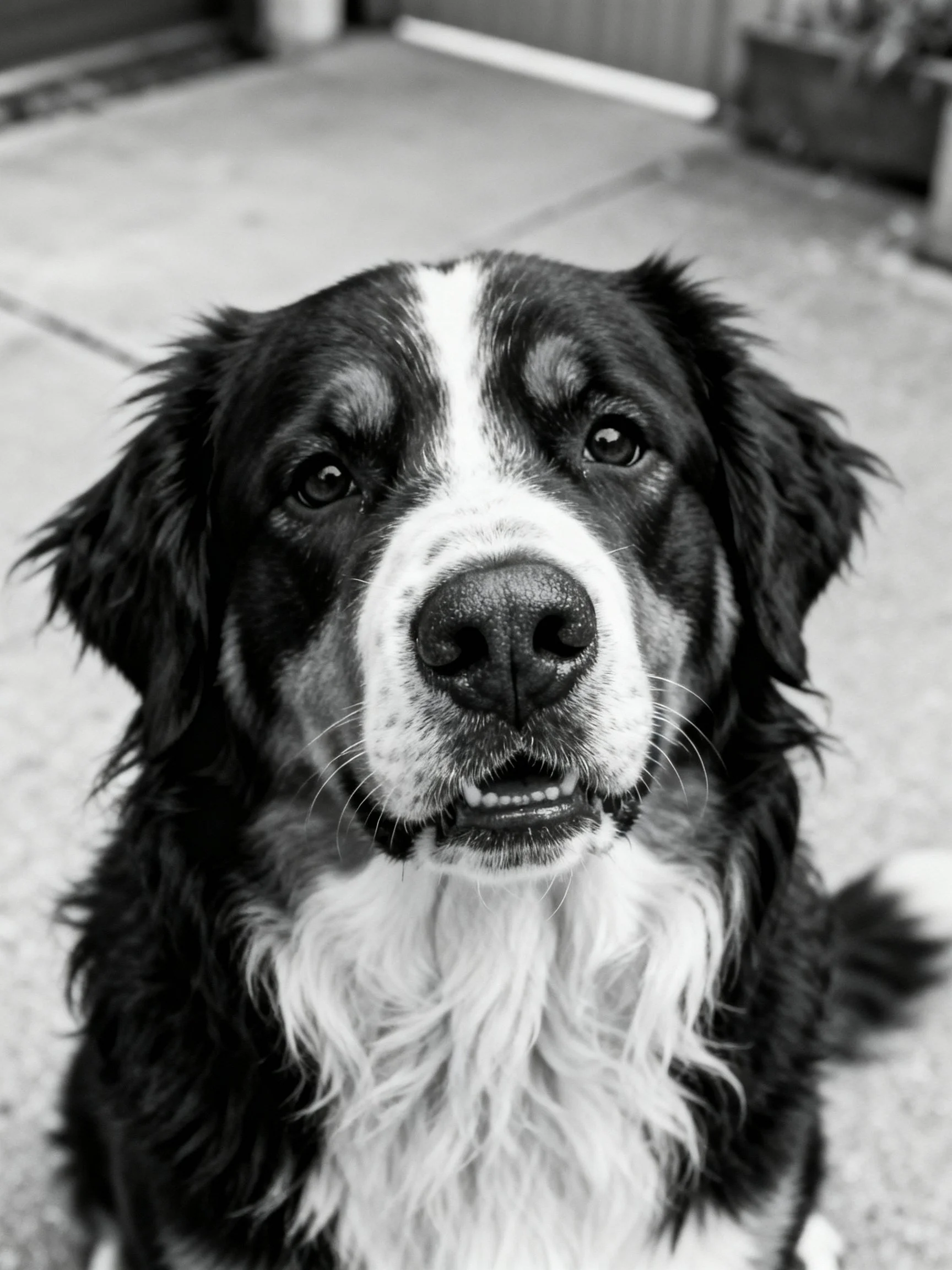 Close-up of a black and white shaggy-furred dog