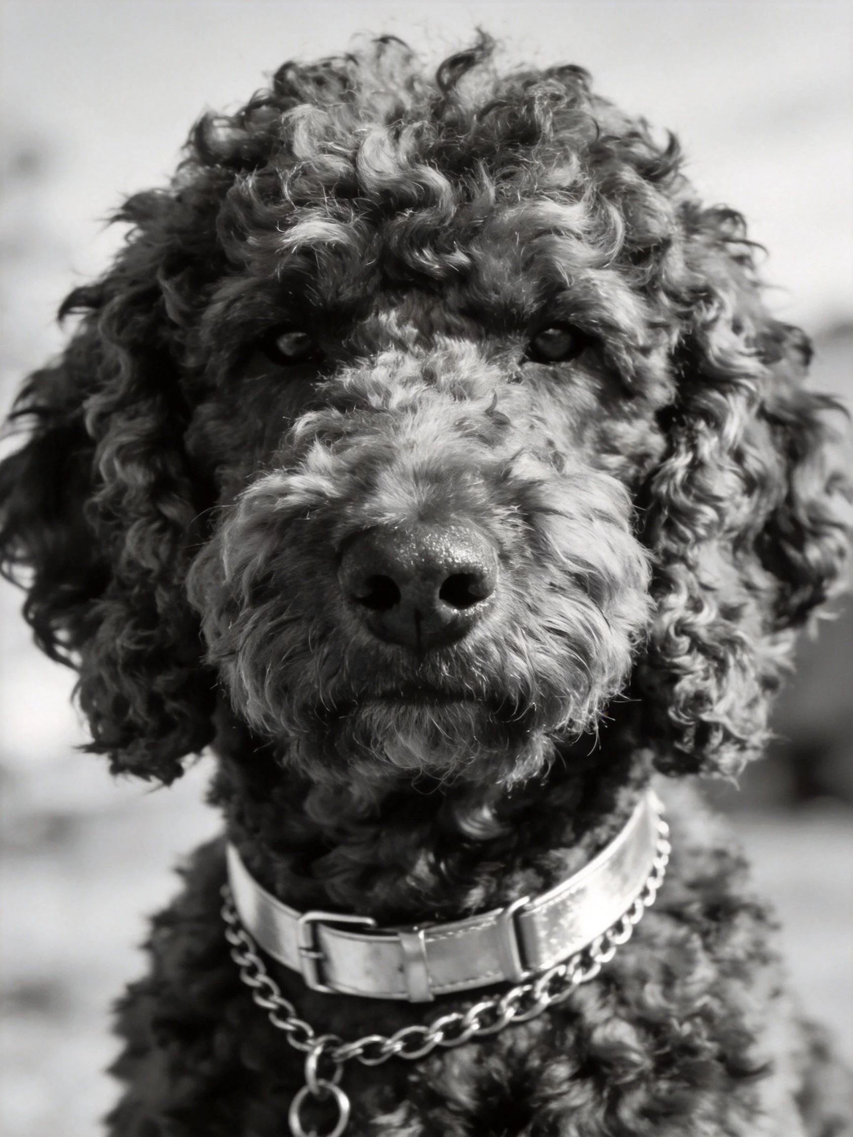 Close-up of a black curly-haired dog with metal collar
