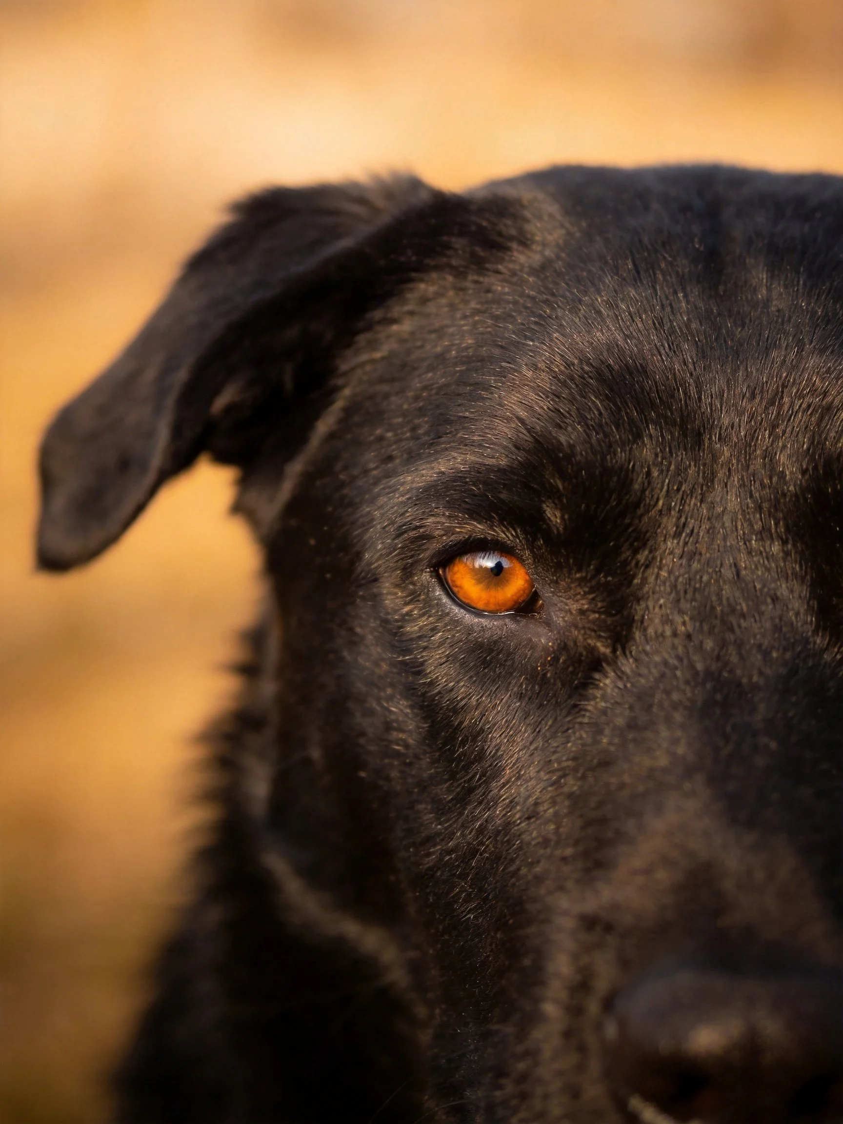 Close - up of a black dog with amber eye detail