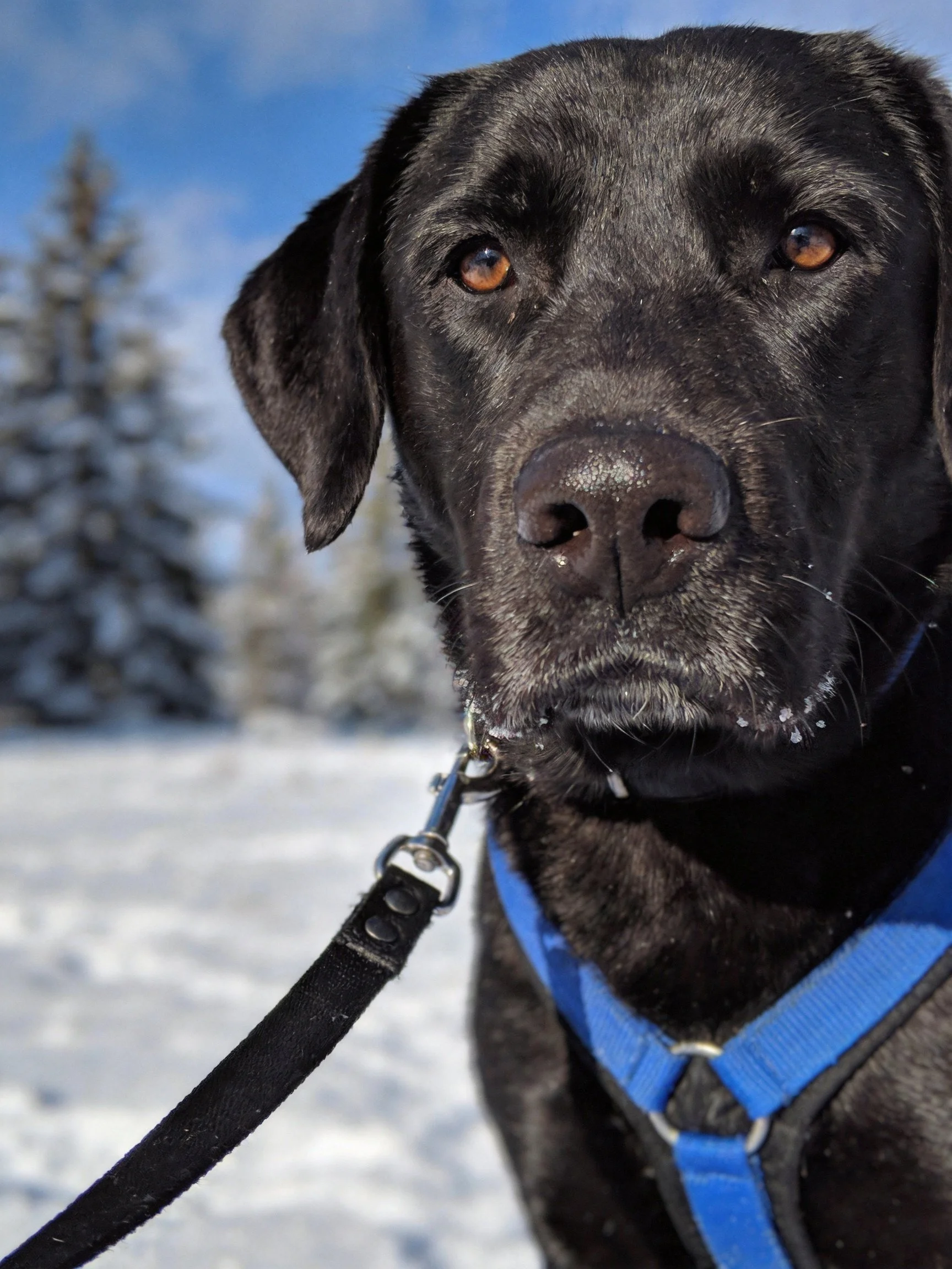 A black dog with a blue harness stands amidst a snowy landscape with evergreen trees.