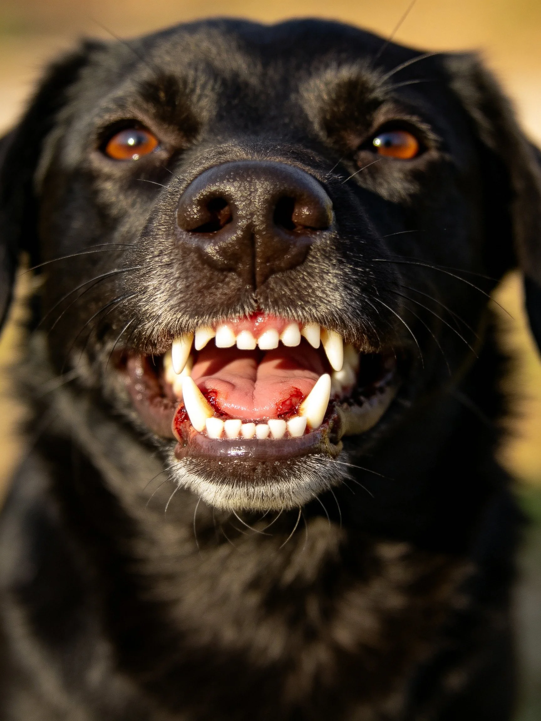 A black dog with brown eyes displays its teeth in a close - up