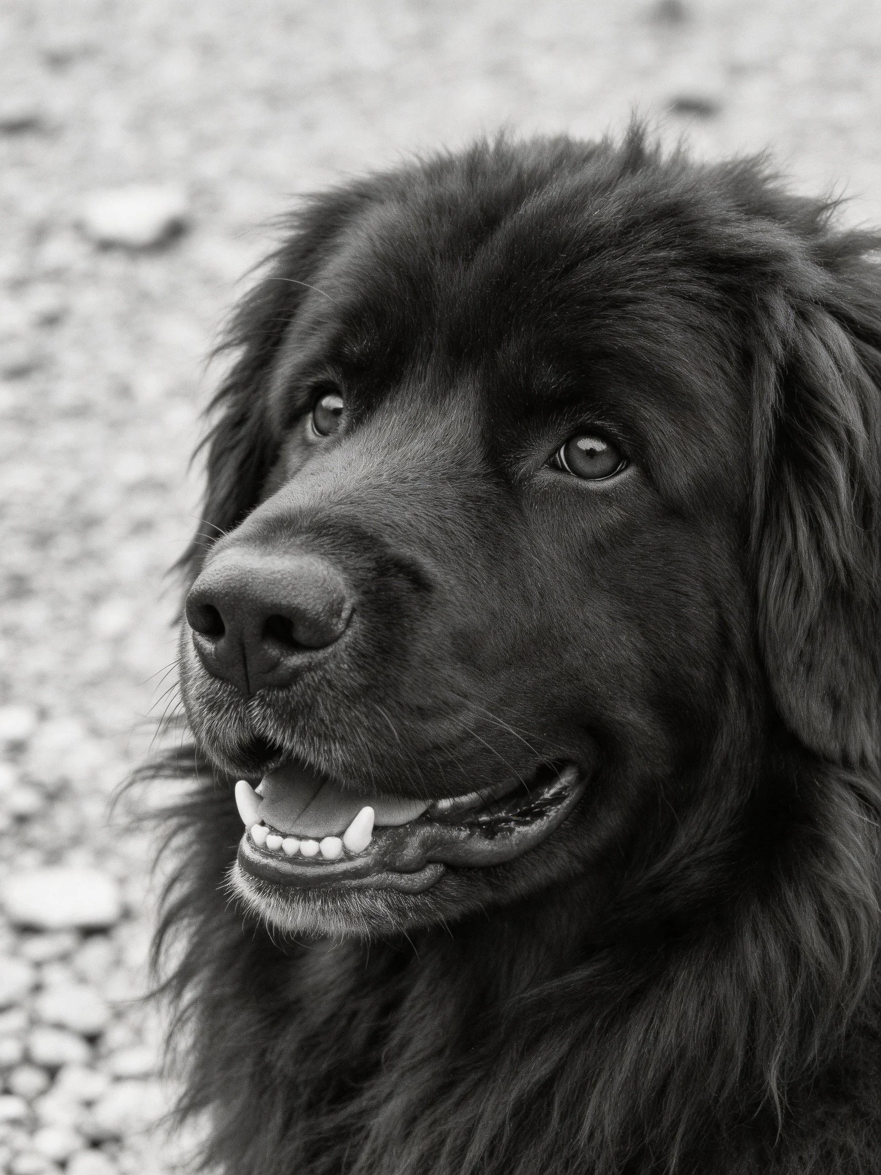 A black dog with shaggy fur is photographed up close.