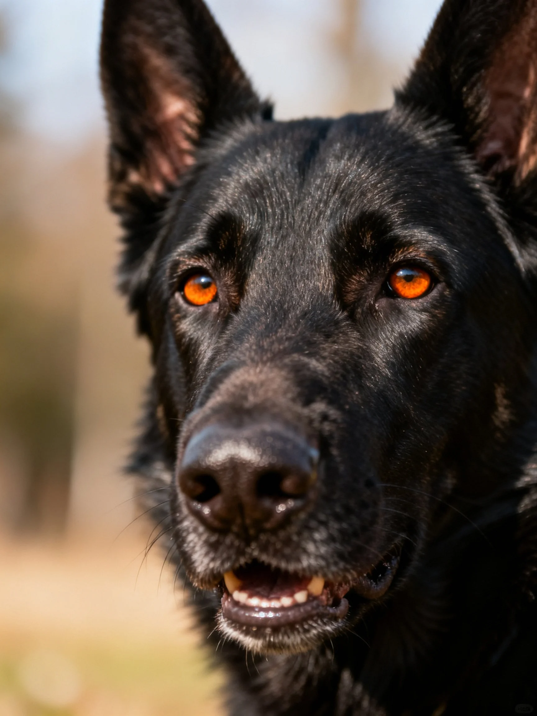 A black dog with vivid orange eyes is photographed outdoors.