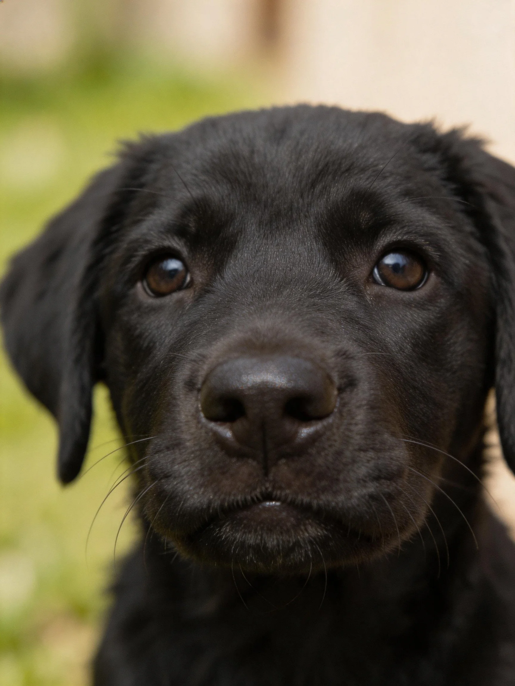 A close - up of a black puppy with expressive eyes captured outdoors.