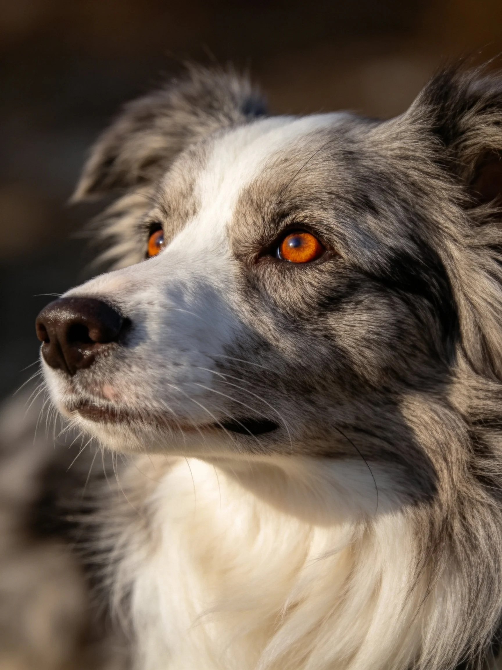 Close-up of a blue merle Border Collie with amber eyes