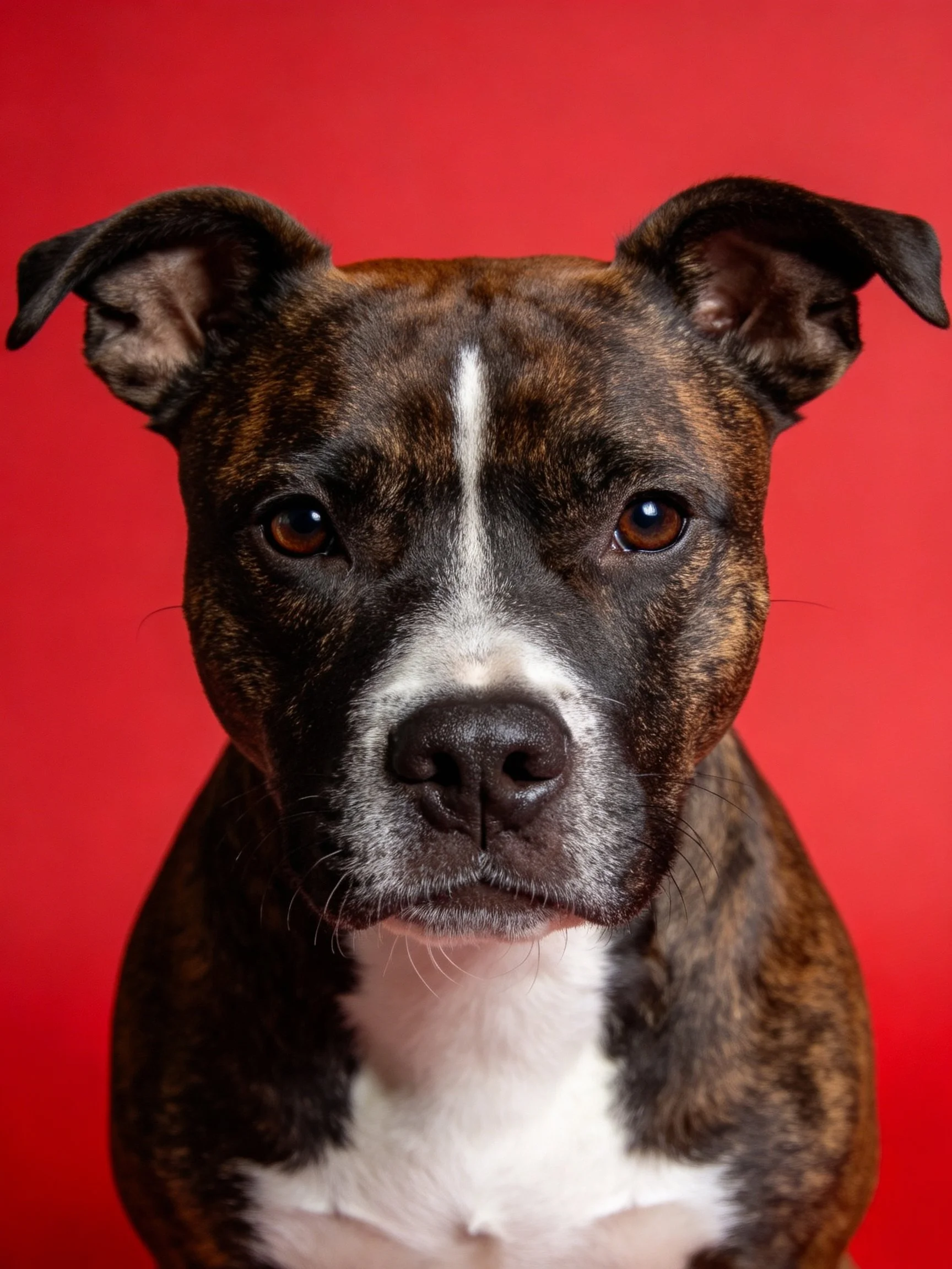 Close-up of a brindle and white dog against a solid red backdrop