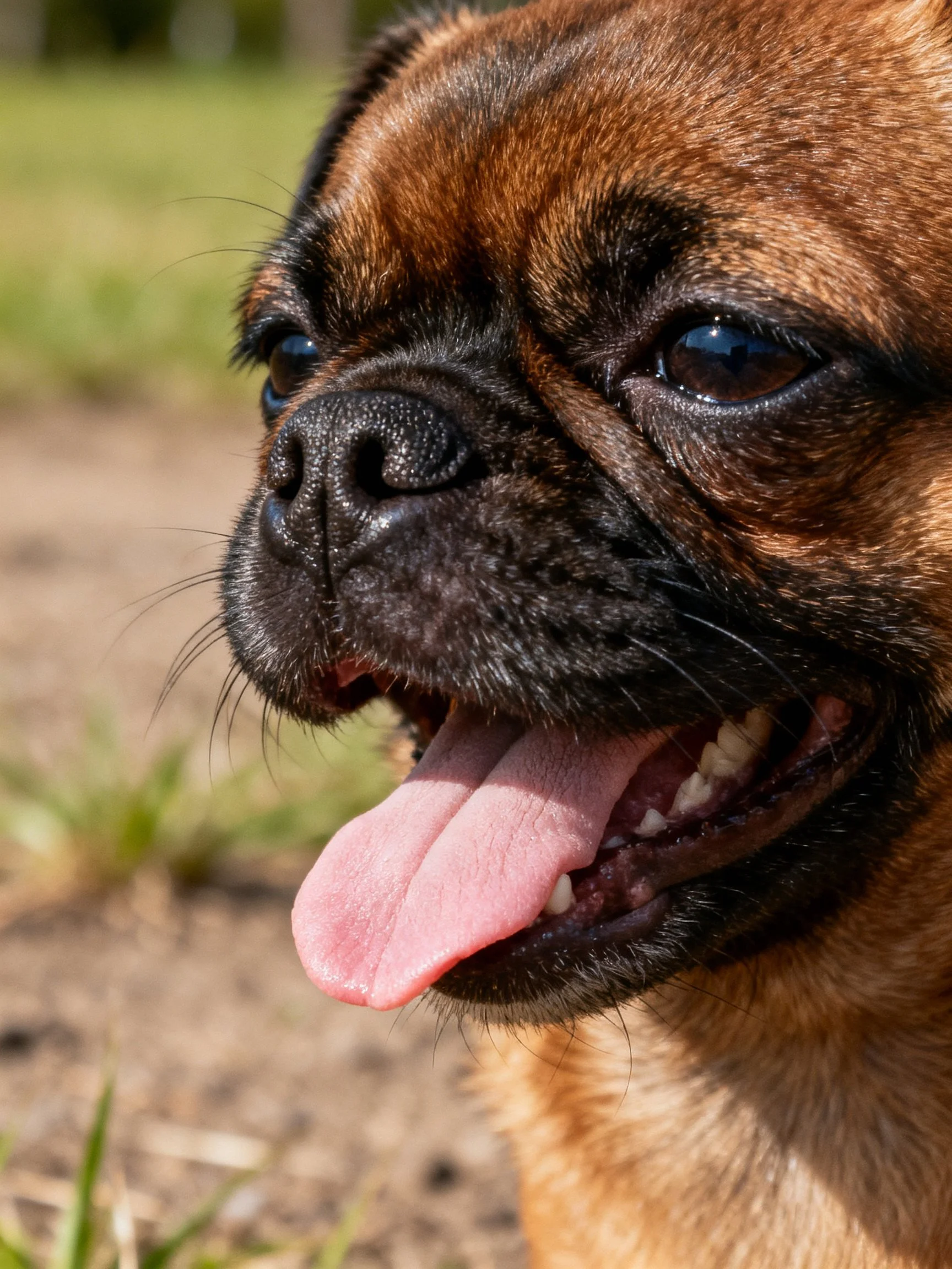 A brown Brussels Griffon pants with mouth open in an outdoor setting