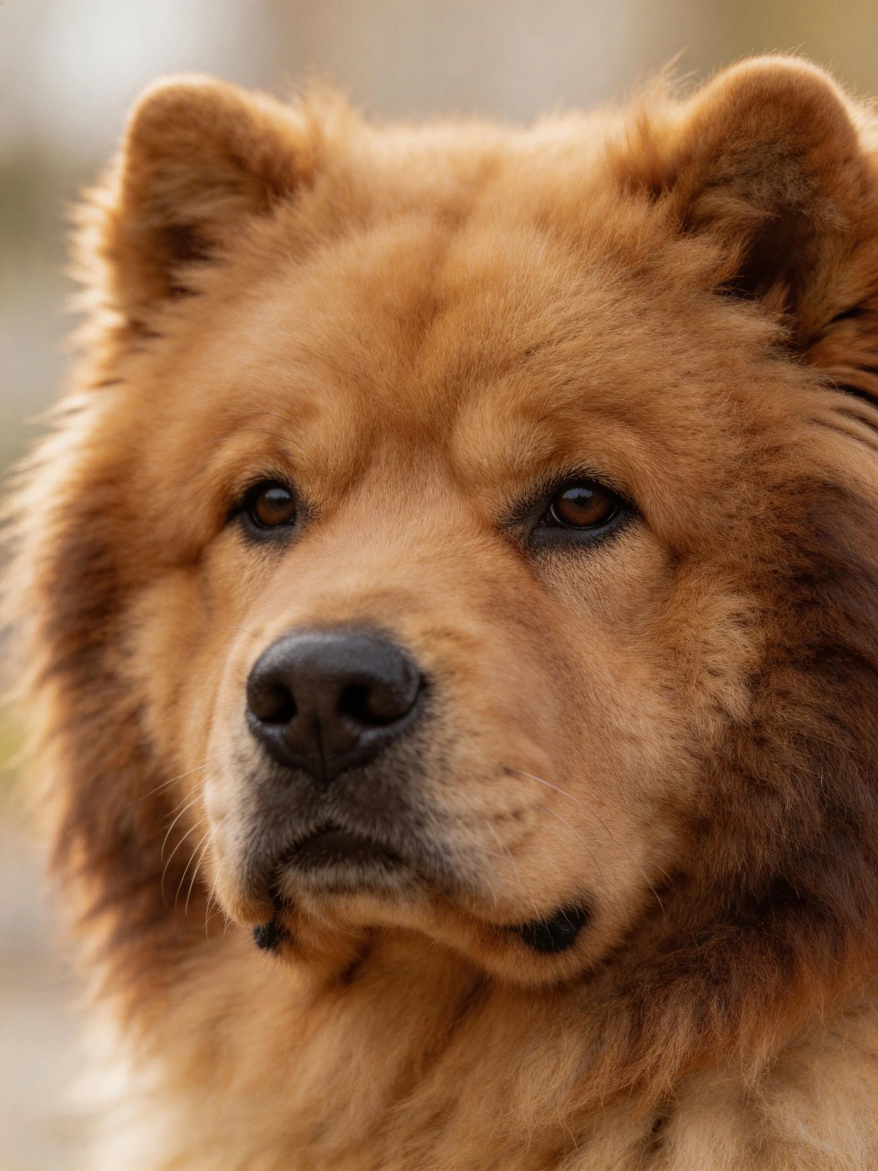 Close-up of a brown Chow dog with thick, fluffy fur