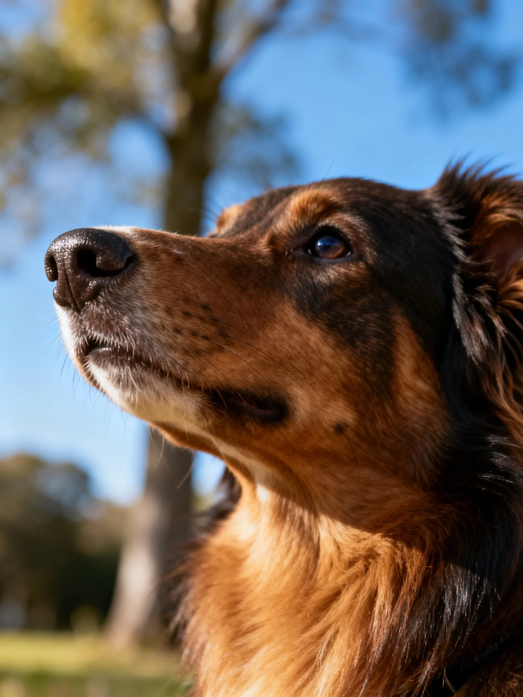A brown and black dog gazes upward in a sunny outdoor setting.