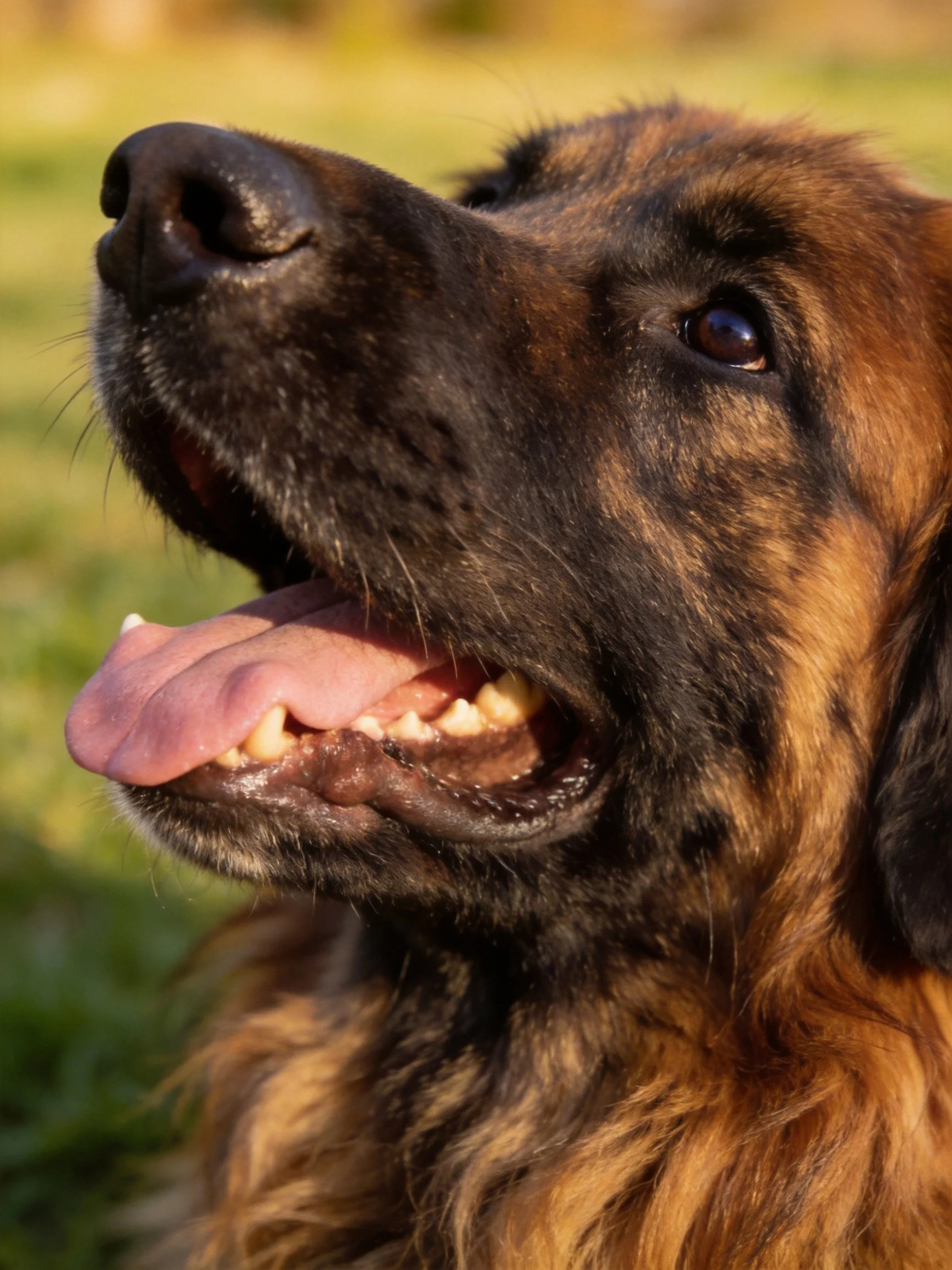A close-up of a brown and black dog with an open mouth in an outdoor setting.