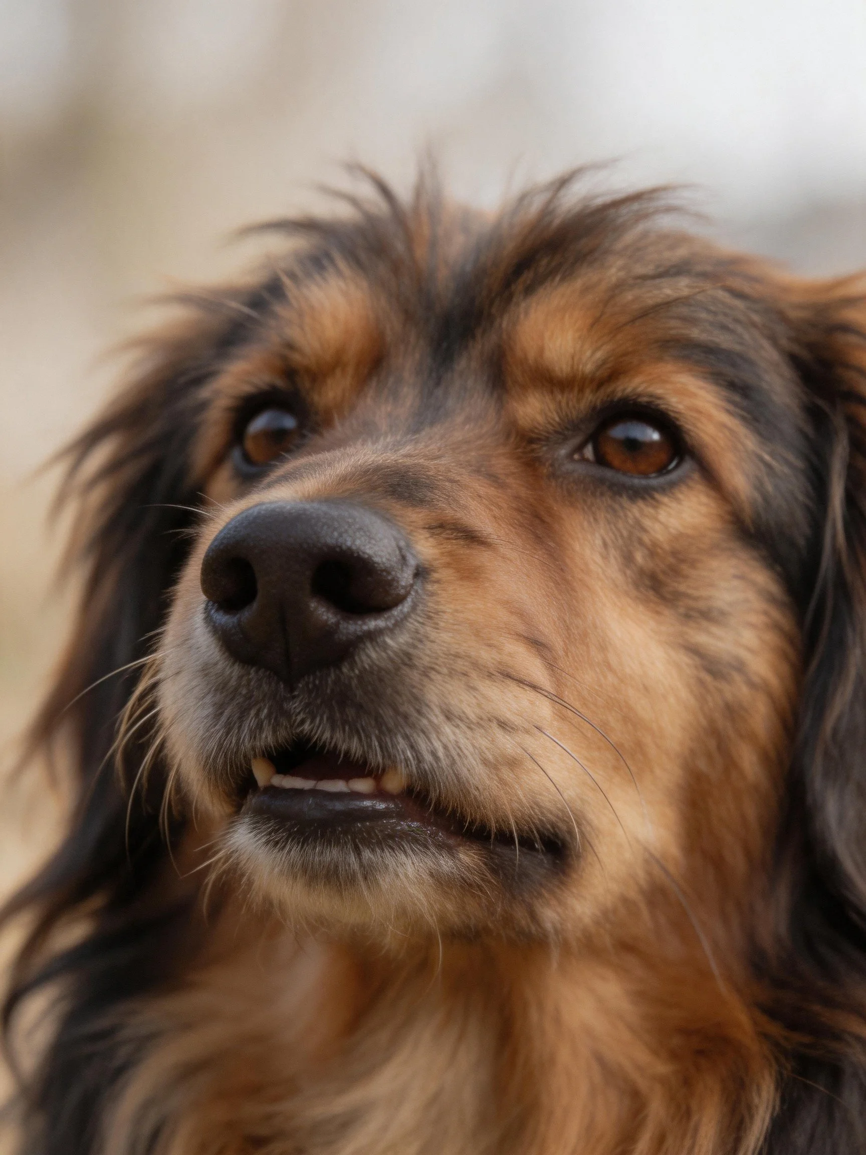 A close - up of a brown and black long - haired dog with expressive eyes.