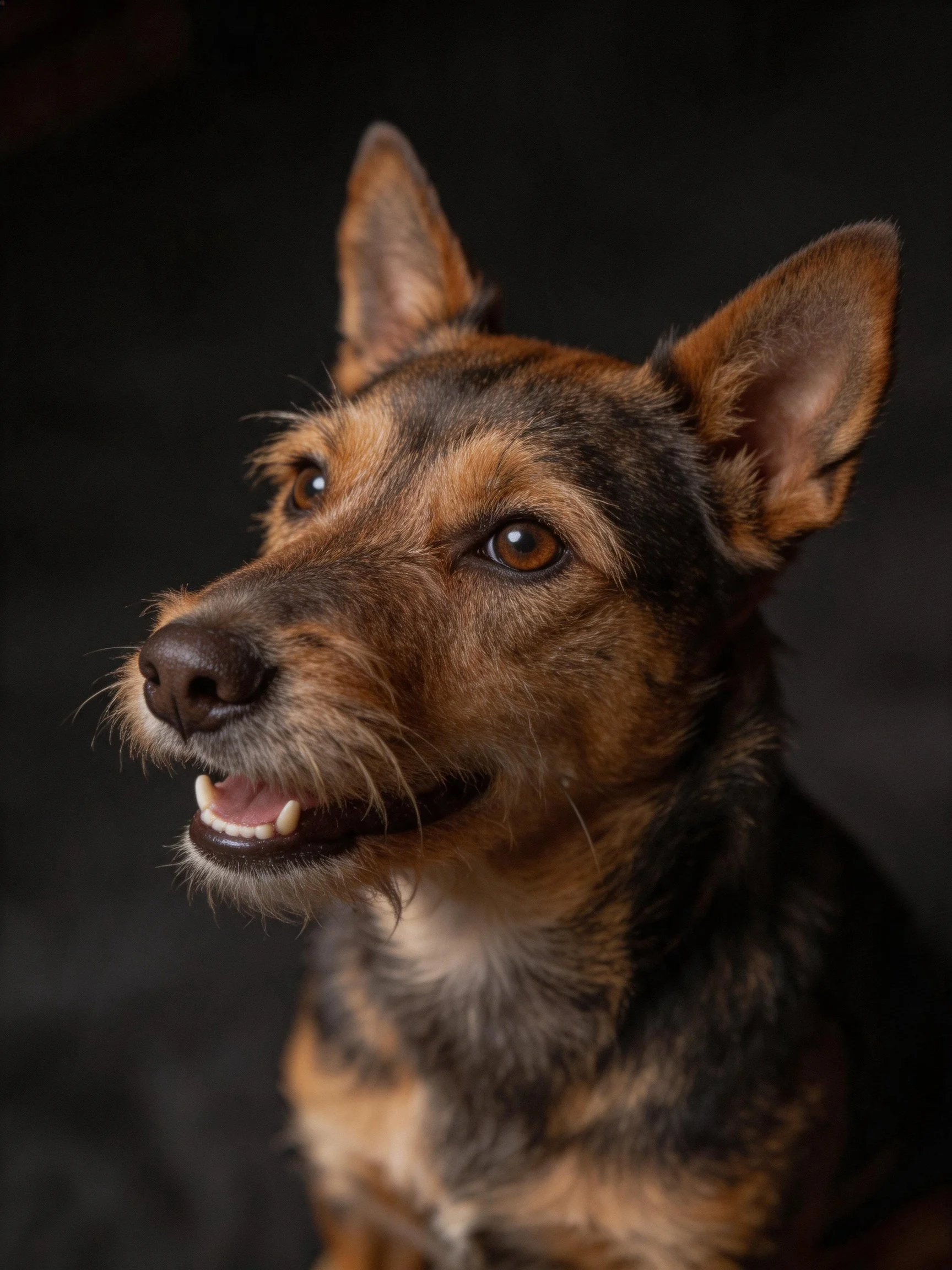 A close-up shows a mixed-breed dog with an alert expression.