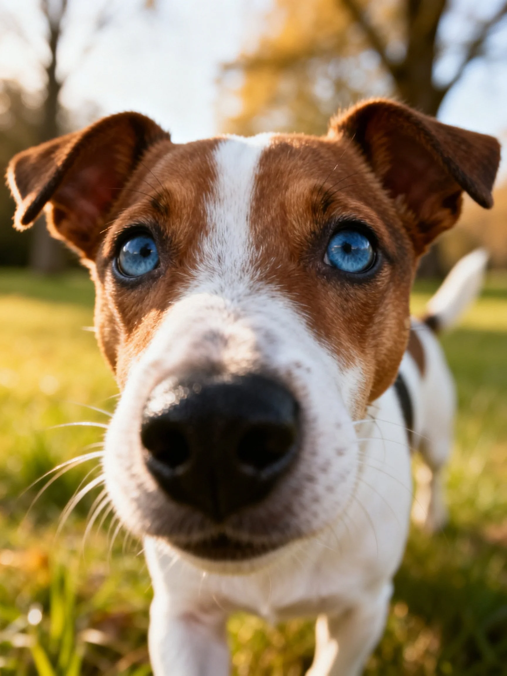 A close-up of a brown and white dog with bright blue eyes in a sunny outdoor setting.