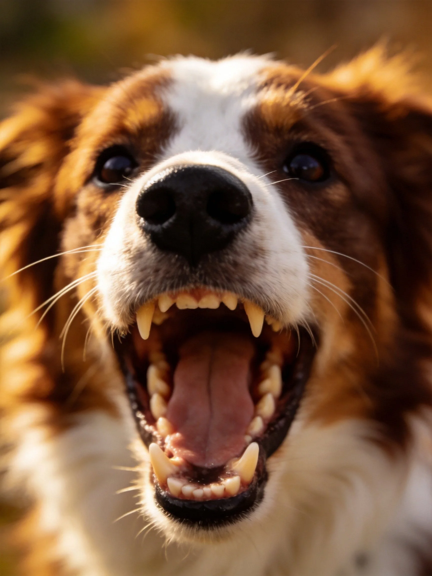 A brown and white dog’s open mouth is featured in a close-up photograph.