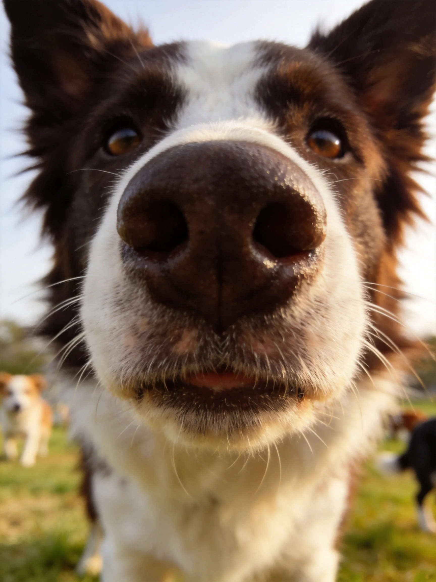 A close - up of a brown and white dog’s face shows other dogs in the background.