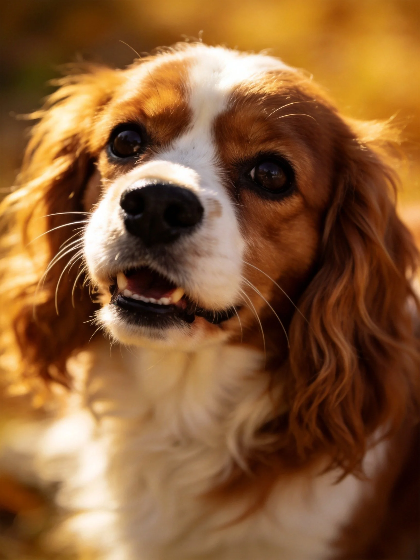 Close-up of a brown and white spaniel with floppy ears
