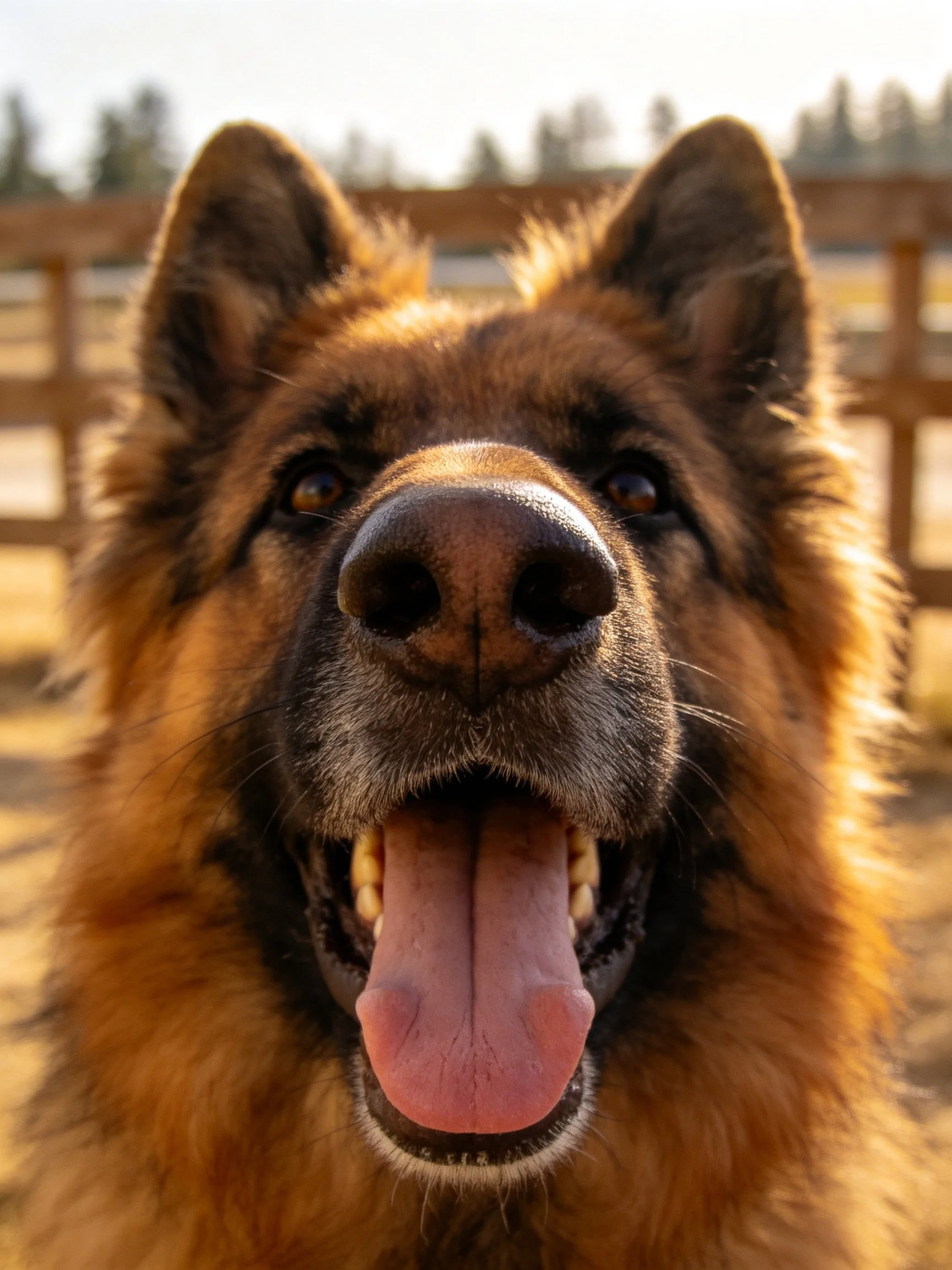 Close-up of a brown-coated German Shepherd dog panting
