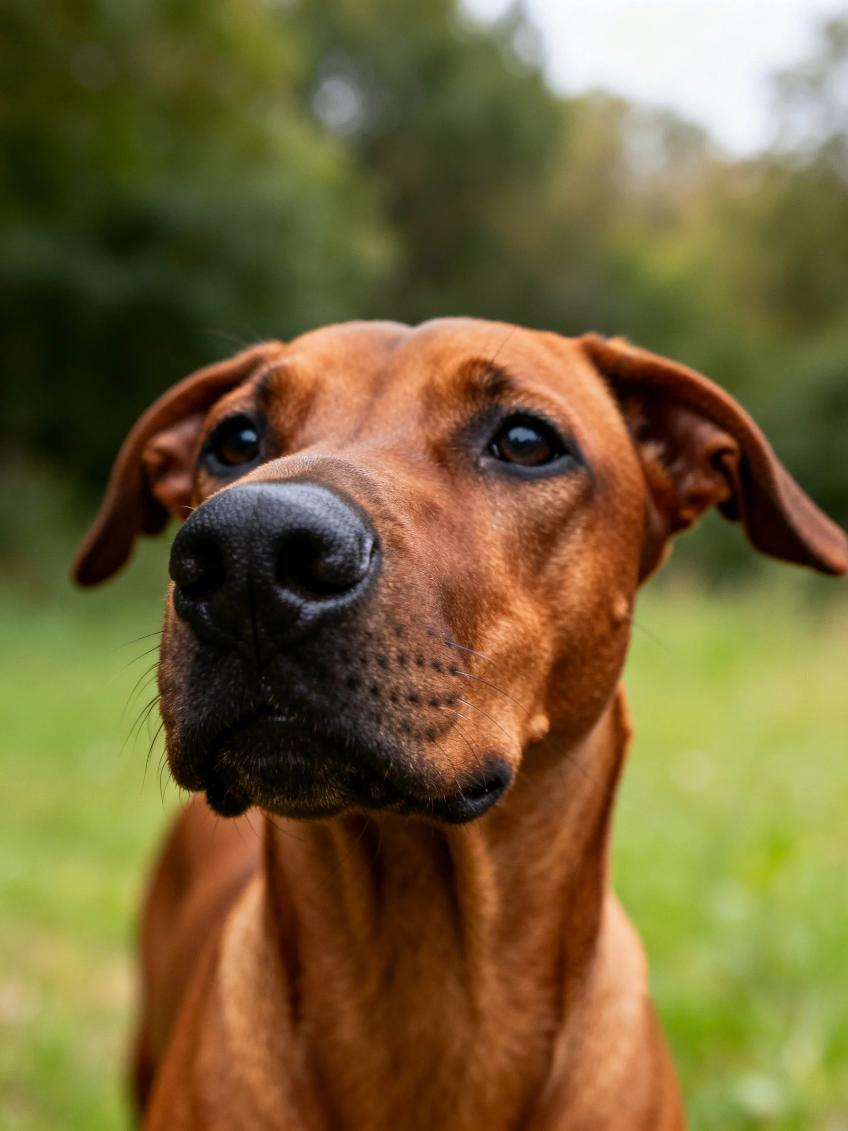 A brown dog with a black nose is shown up close amid a green outdoorarea.