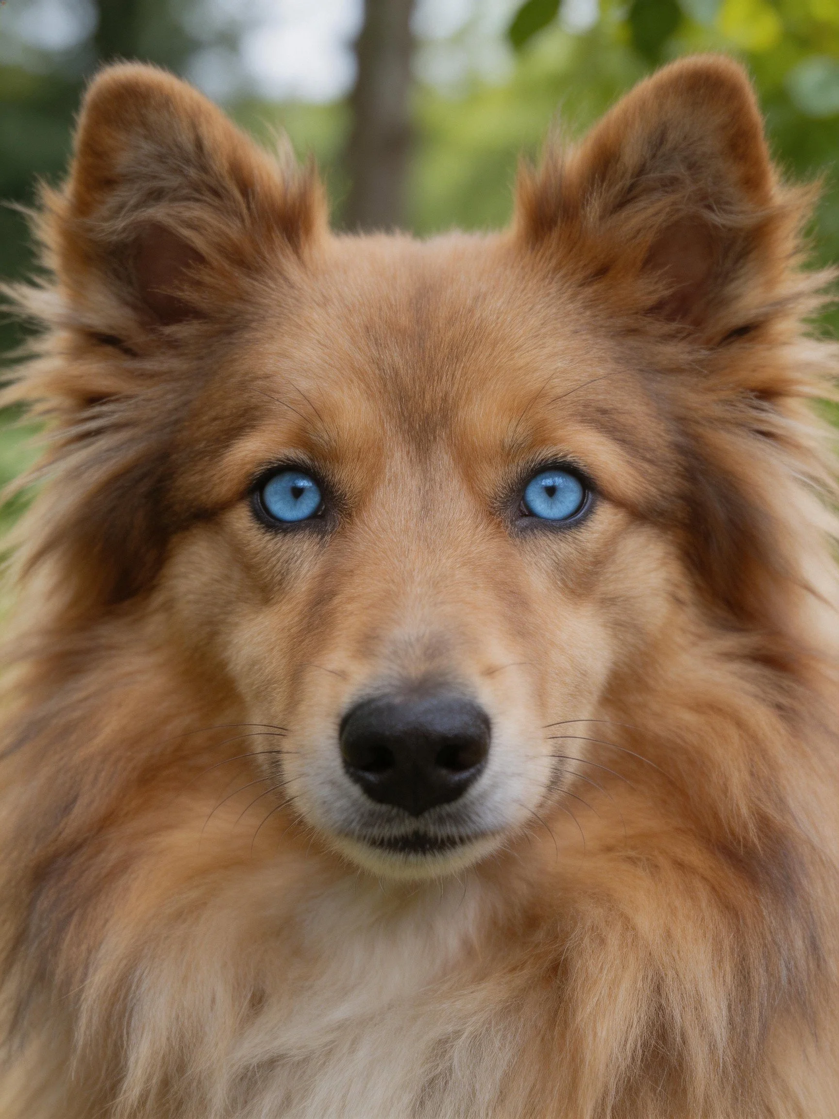 Close - up of a brown - furred dog with bright blue eyes