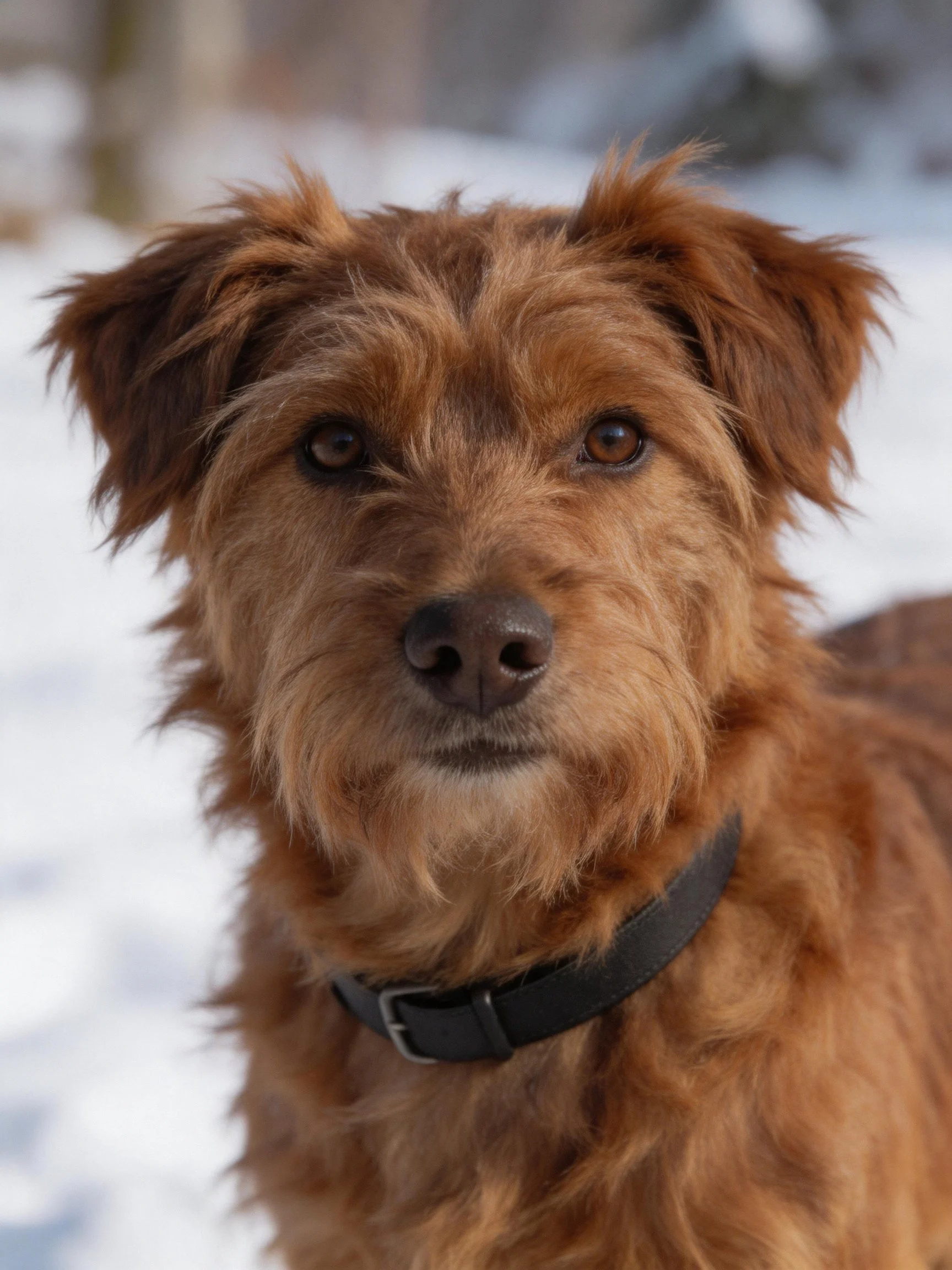 Close - up of a brown shaggy dog with a black collar in a snowy outdoor setting.