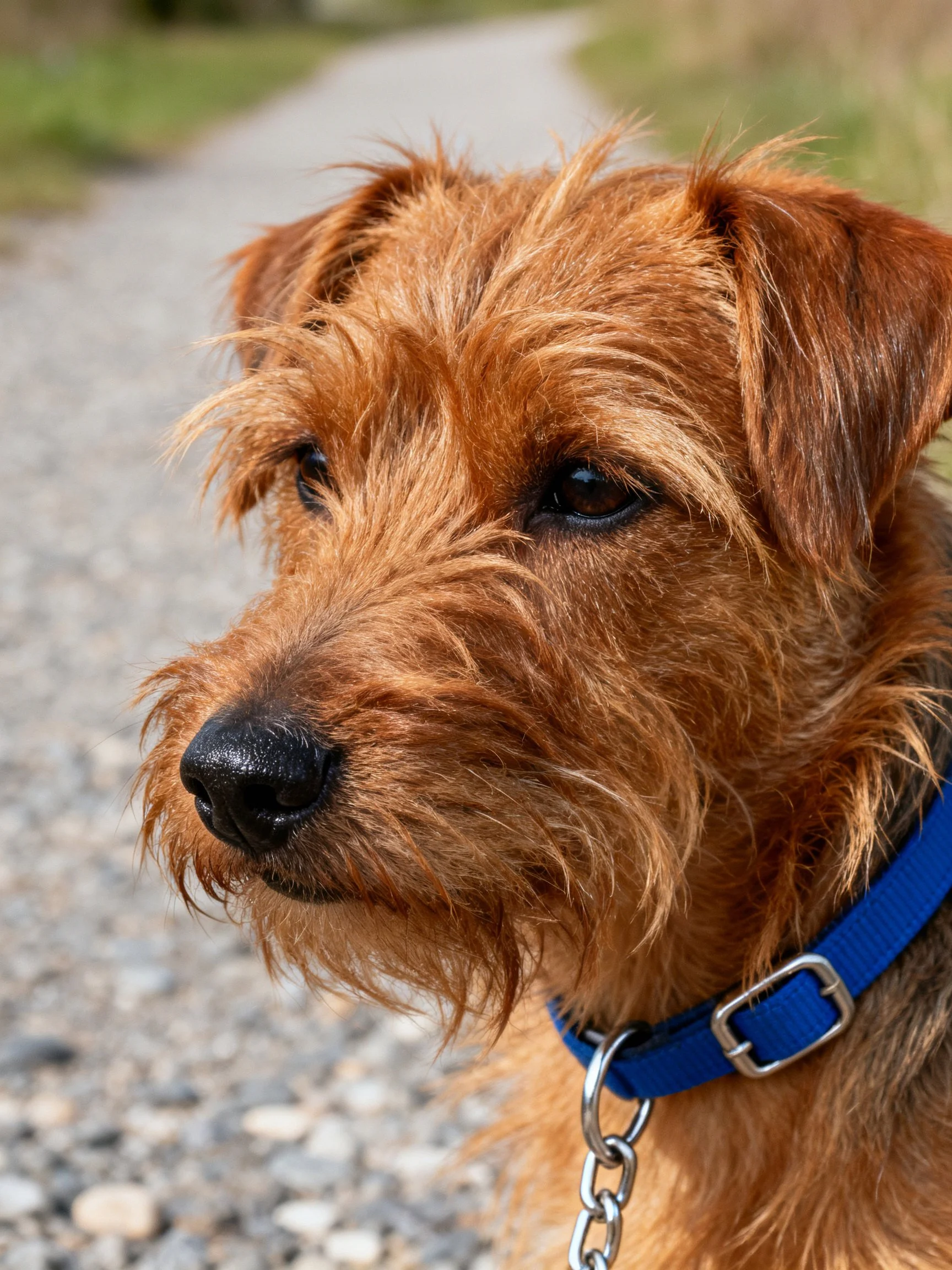 Close-up of a brown terrier with a blue collar outdoors