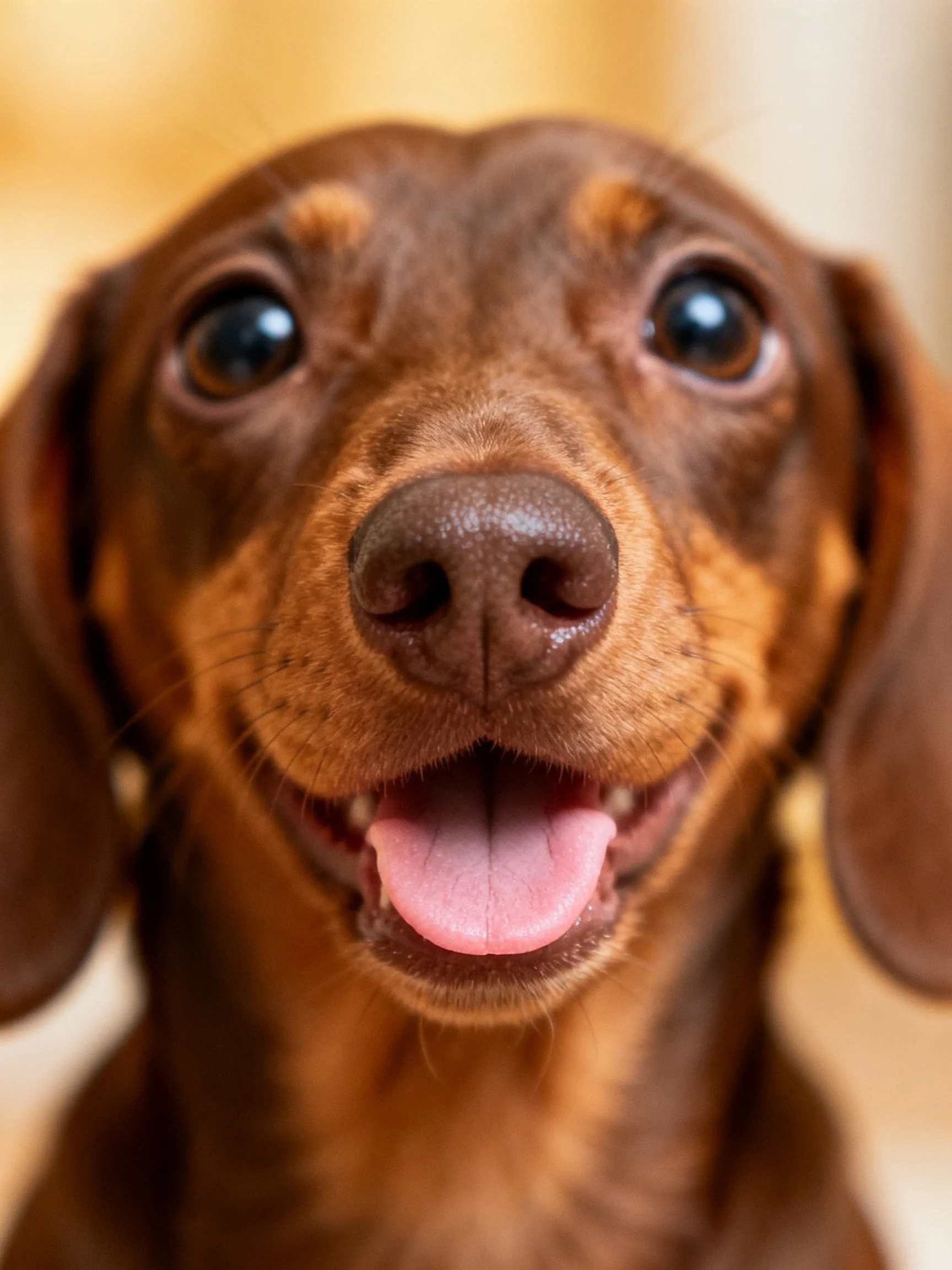 Close-up of a cheerful brown Dachshund with bright eyes and pink tongue