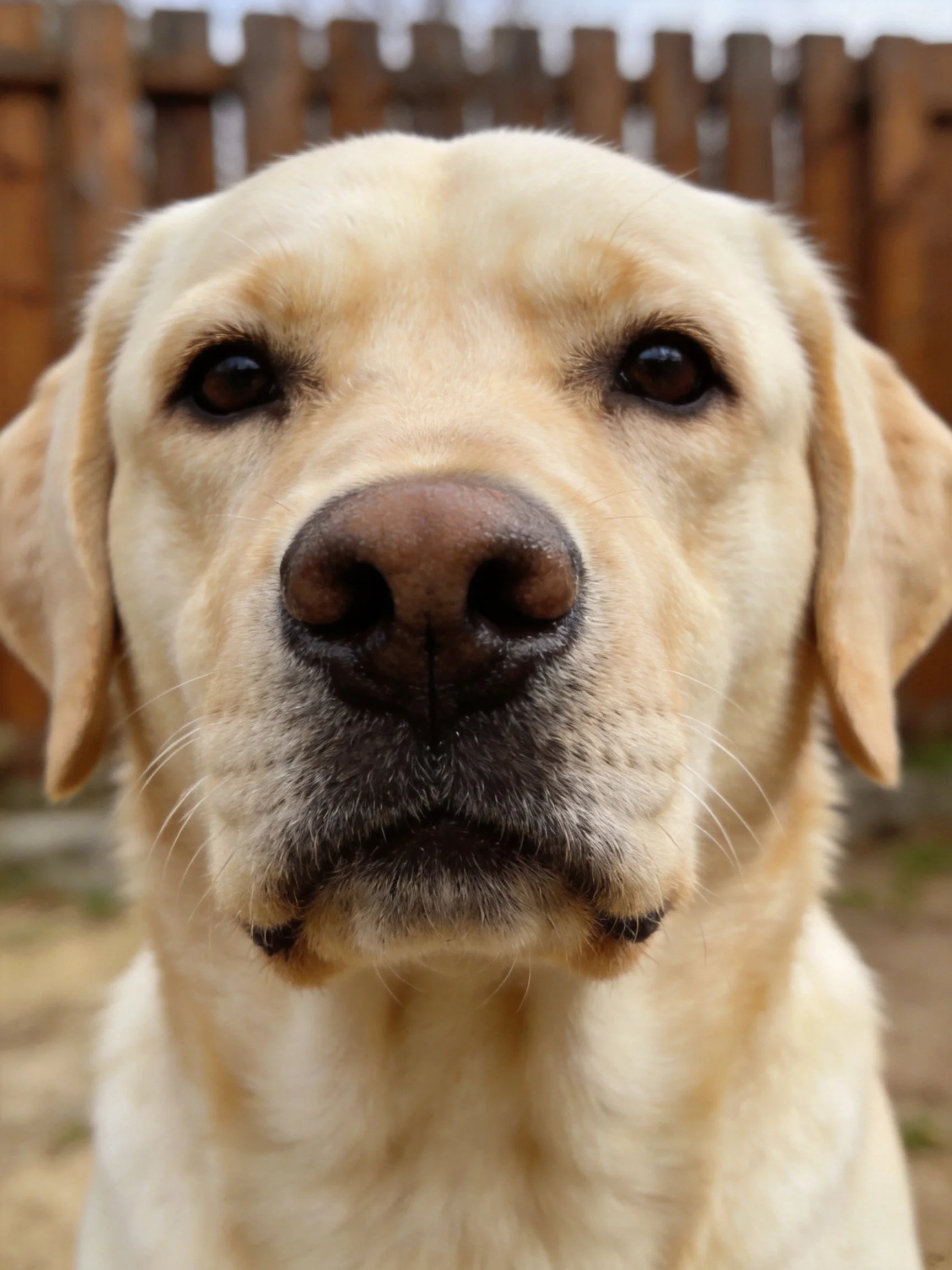 Close - up of a cream - coated Labrador Retriever near a wooden fence