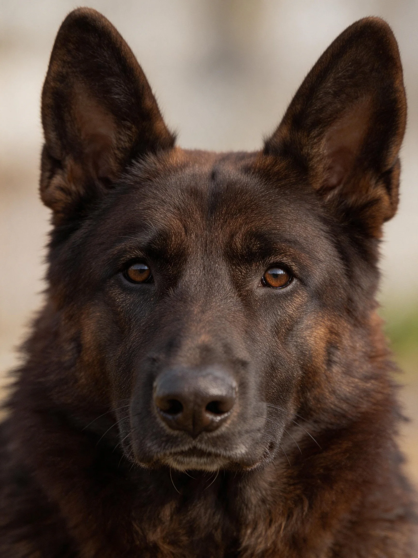 Close - up of a dark brown German Shepherd with upright ears