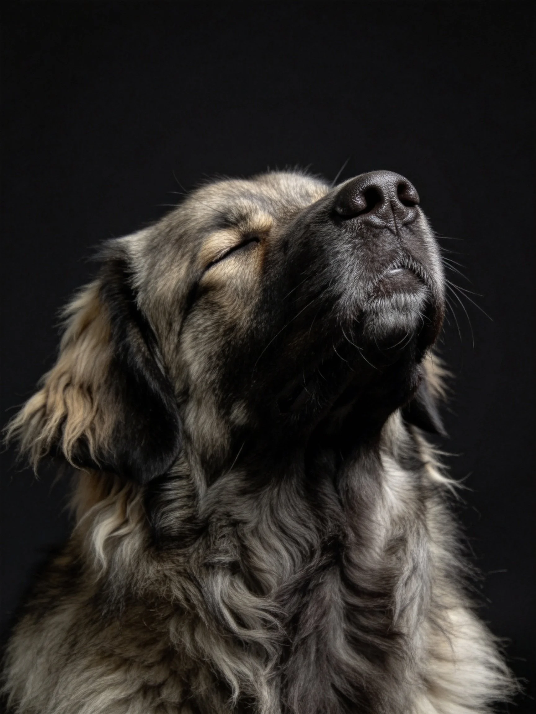 A dog with closed eyes and long fur is photographed against a dark background.
