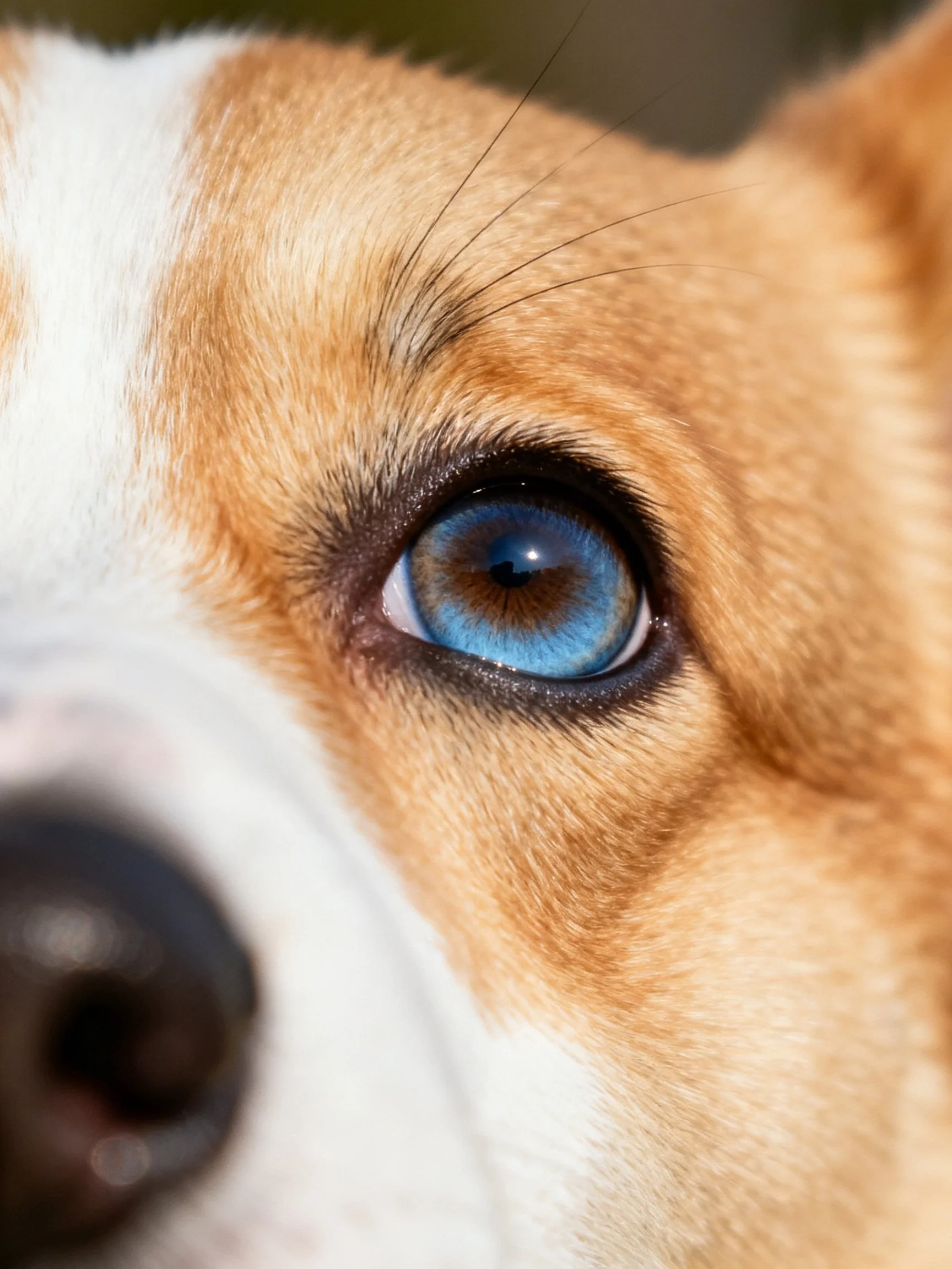 A close - up view of a dog’s eye displaying its vivid blue iris and brown - white facial features.