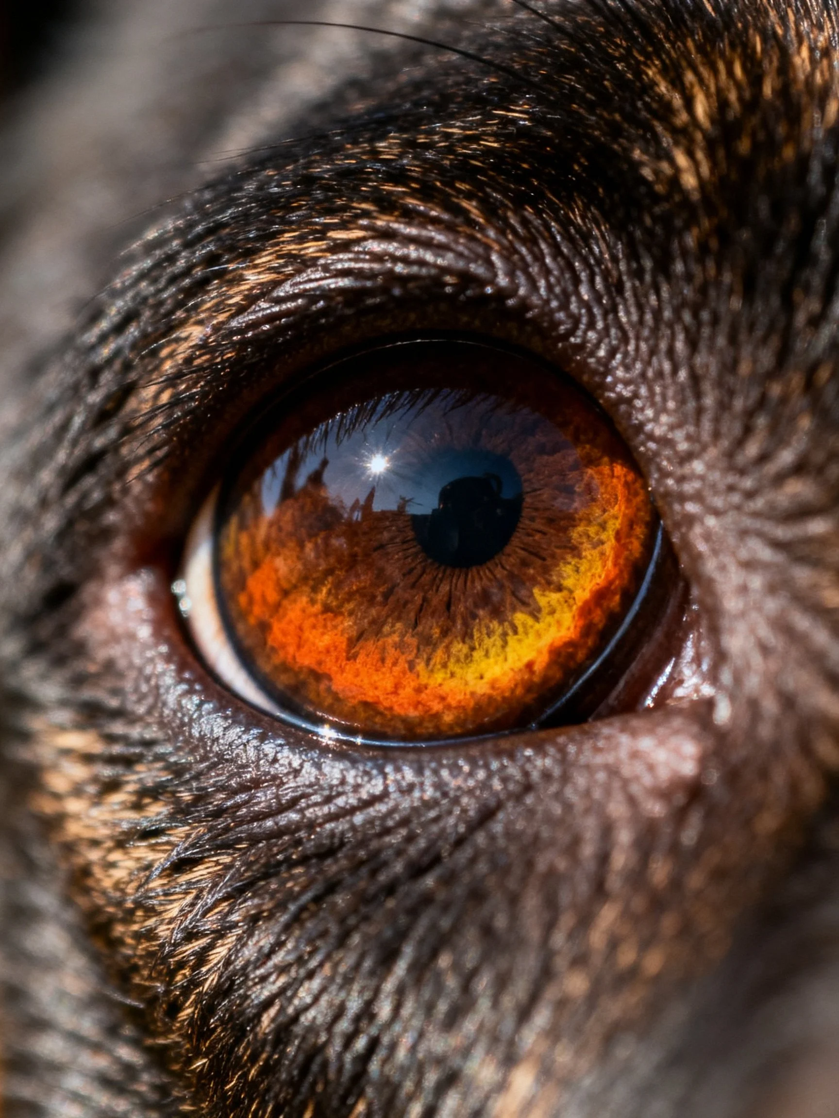 A close - up reveals a dog’s eye with a vivid orange - brown iris surrounded by dark fur.