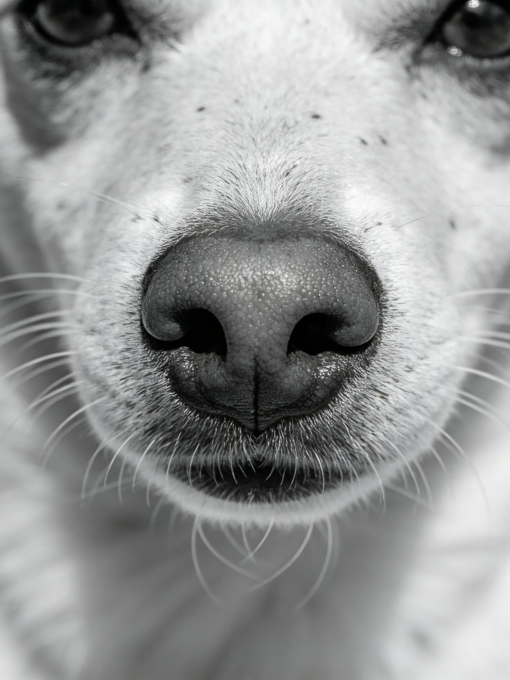 Close - up of a dog’s nose and facial features in black - and - white