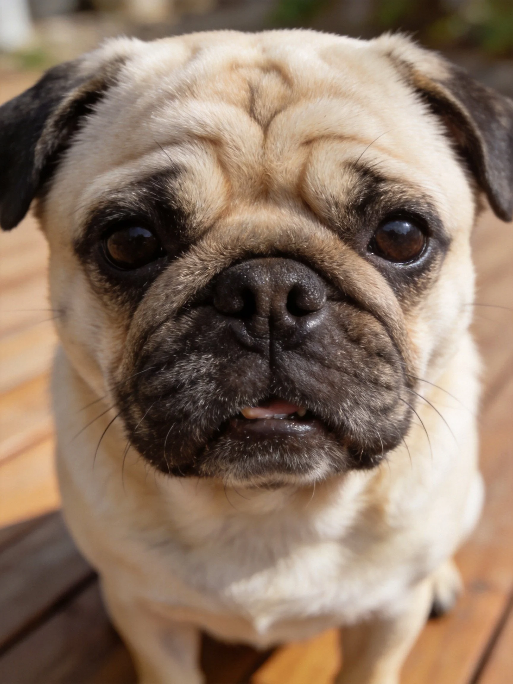 A close-up shows a fawn pug with dark facial markings on a wooden surface.