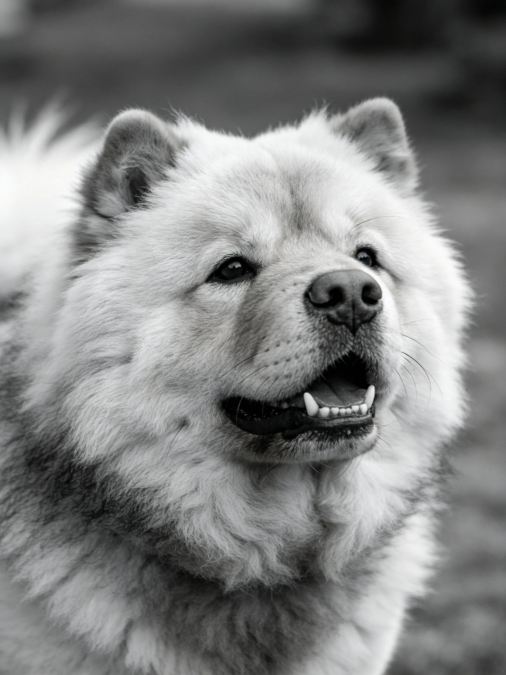 A fluffy black and white Chow dog is depicted in a close - up portrait.
