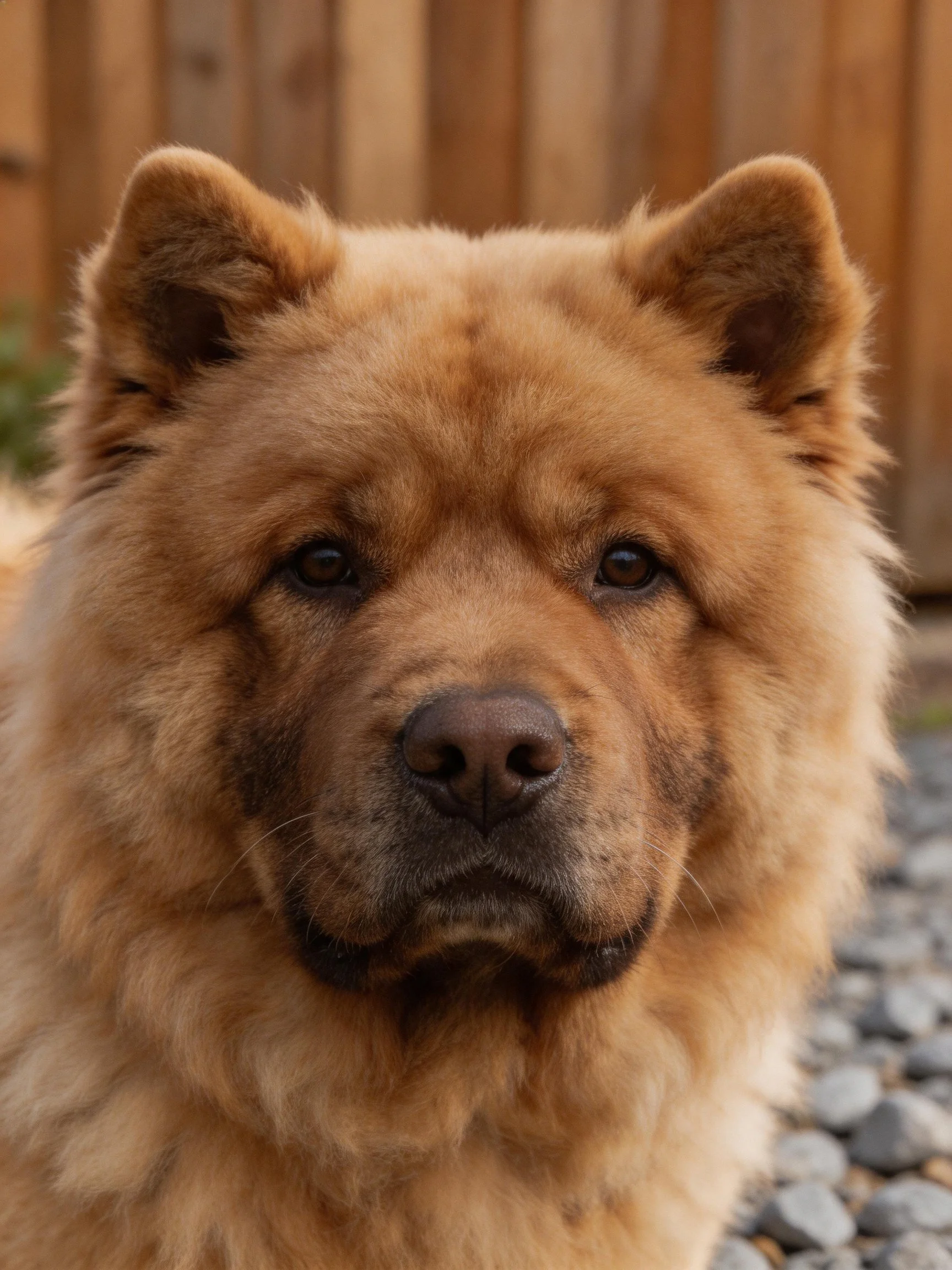 A tan Chow dog is photographed up close near wooden fencing.