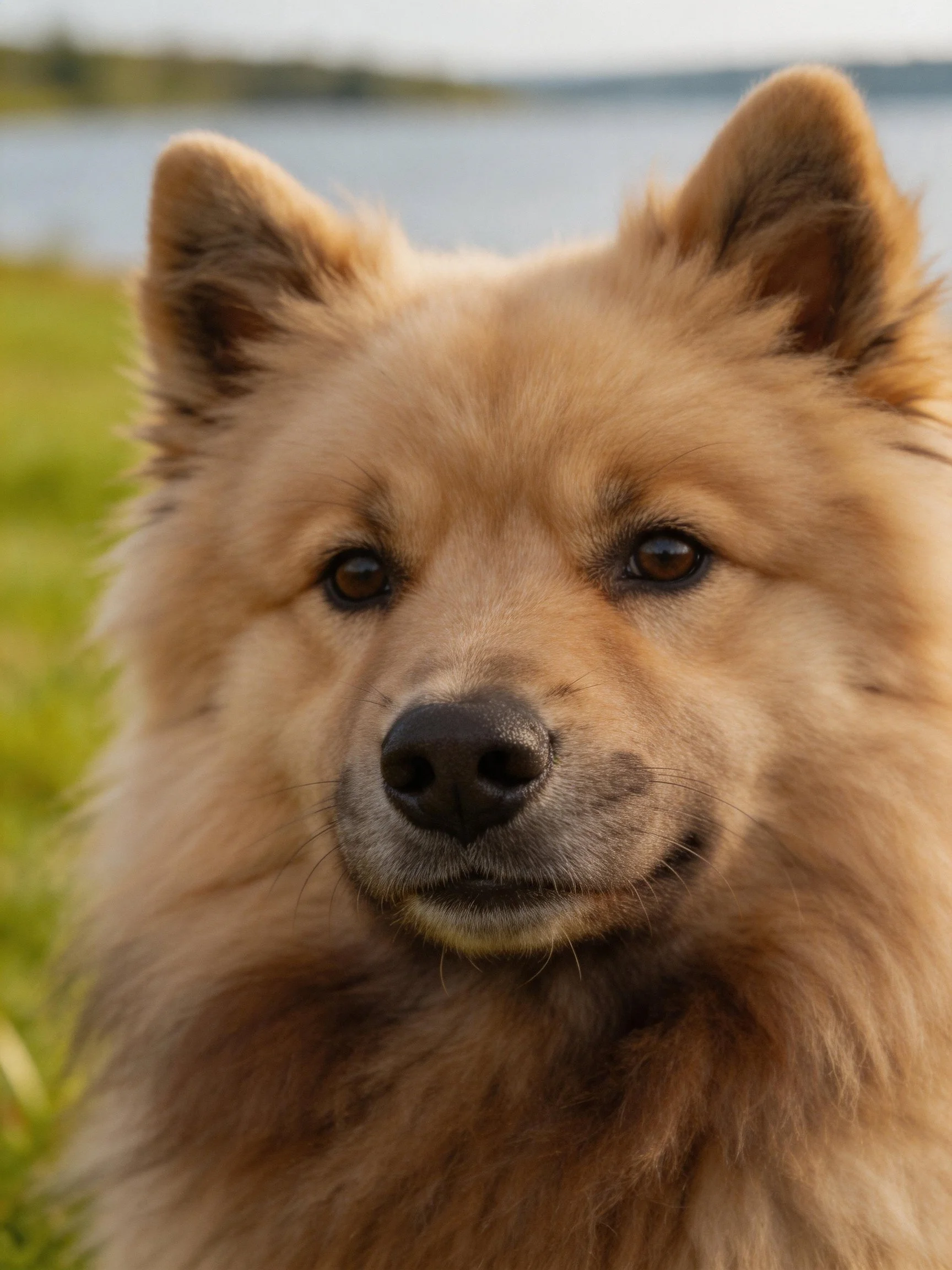 Close - up of a fluffy tan dog with upright ears by a lakeside