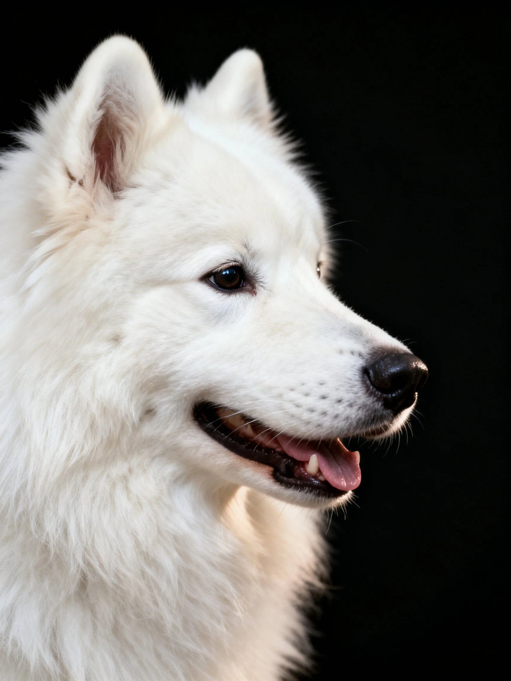 Close-up of a fluffy white Samoyed with bright eyes