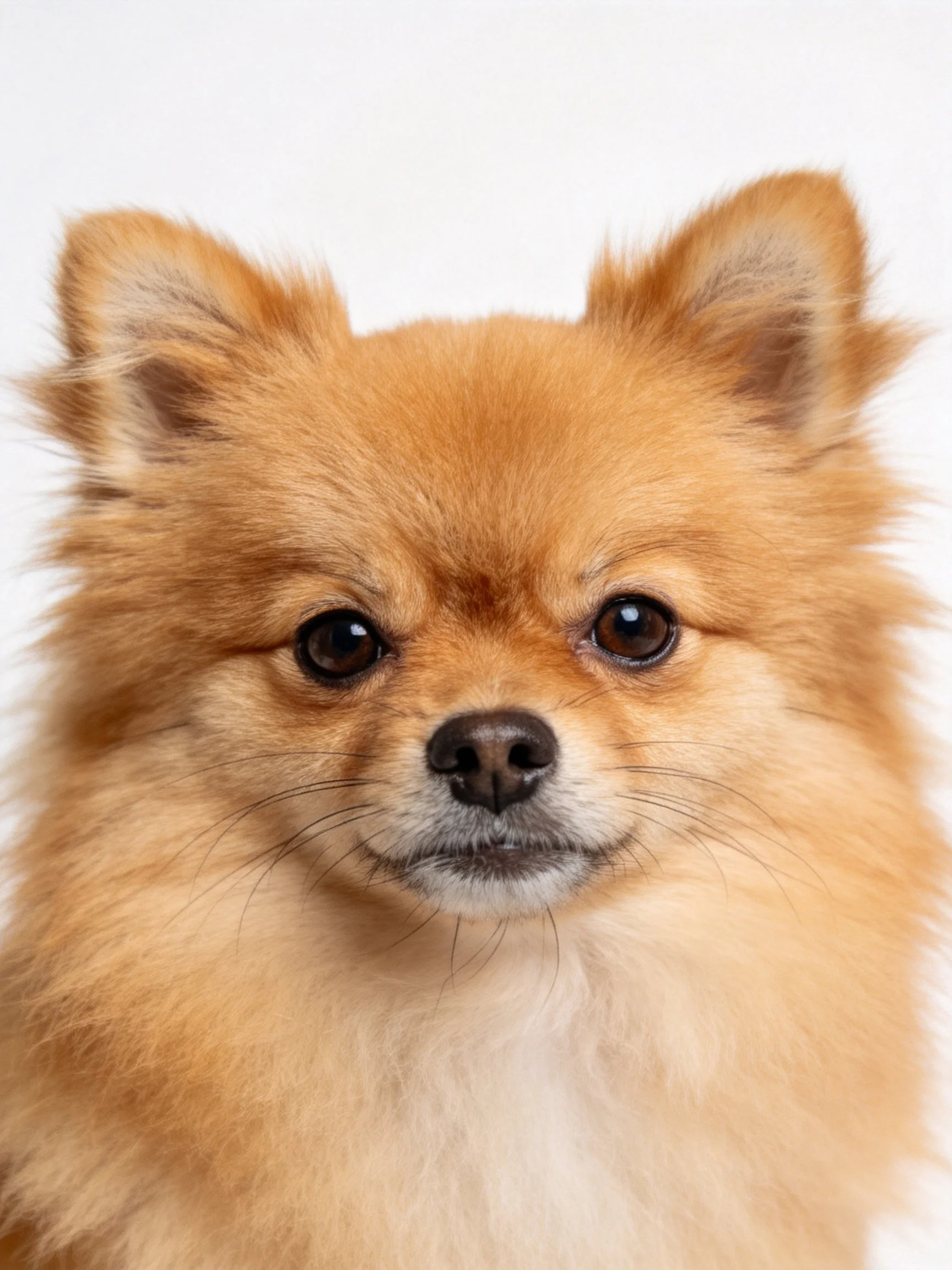 A close-up of a golden-brown Pomeranian highlights its fluffy coat and expressive eyes.