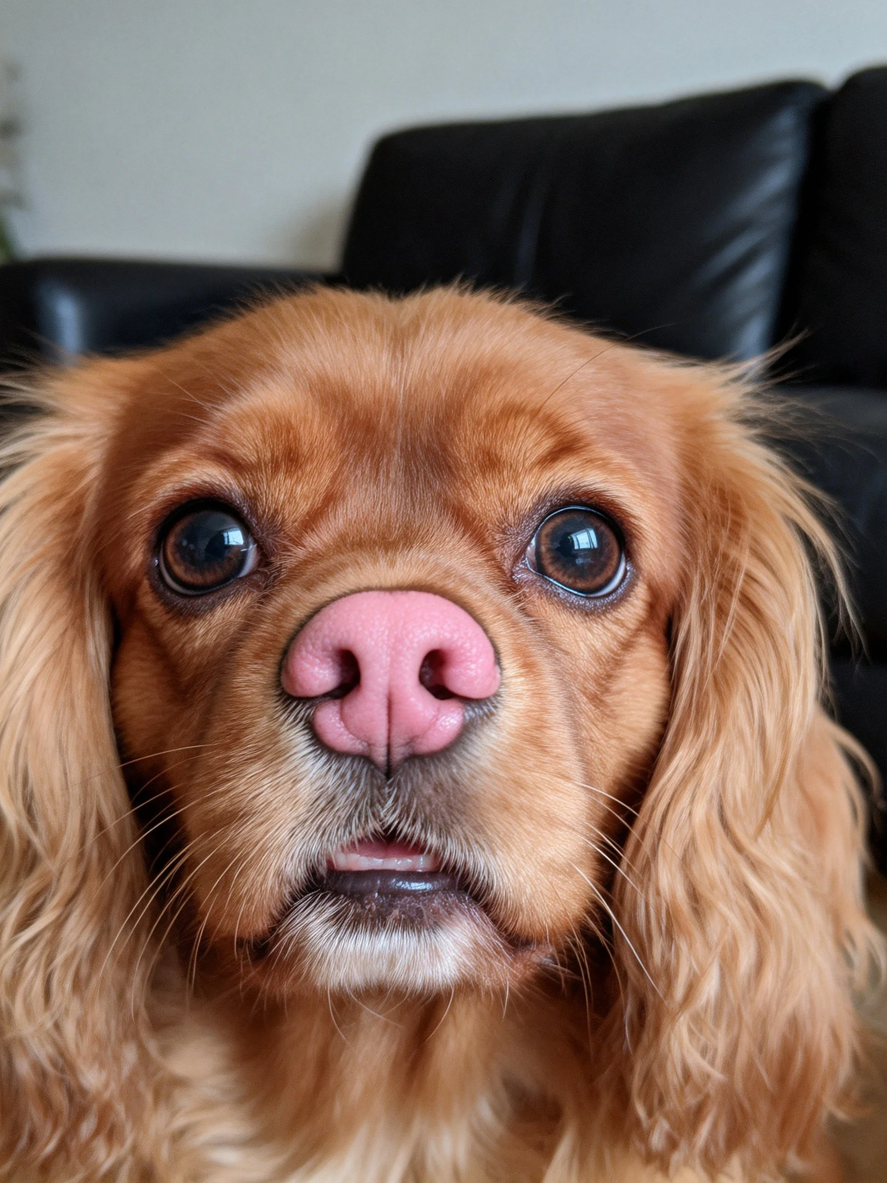 A golden-brown dog with a pink nose is shown up close in an indoor space.