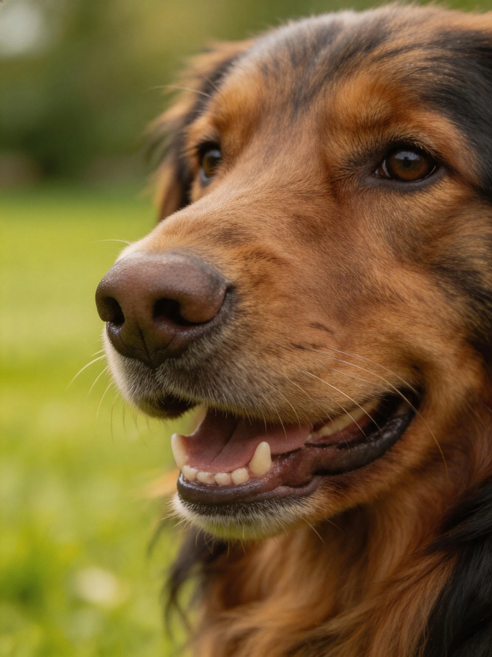 Golden-brown dog with dark markings appears cheerful in a green outdoor setting.