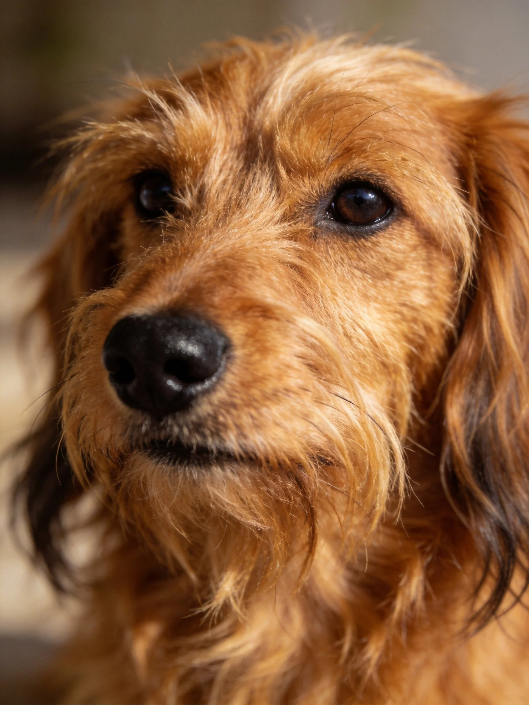 Golden-brown dog with shaggy fur looks directly forward in a close-up.