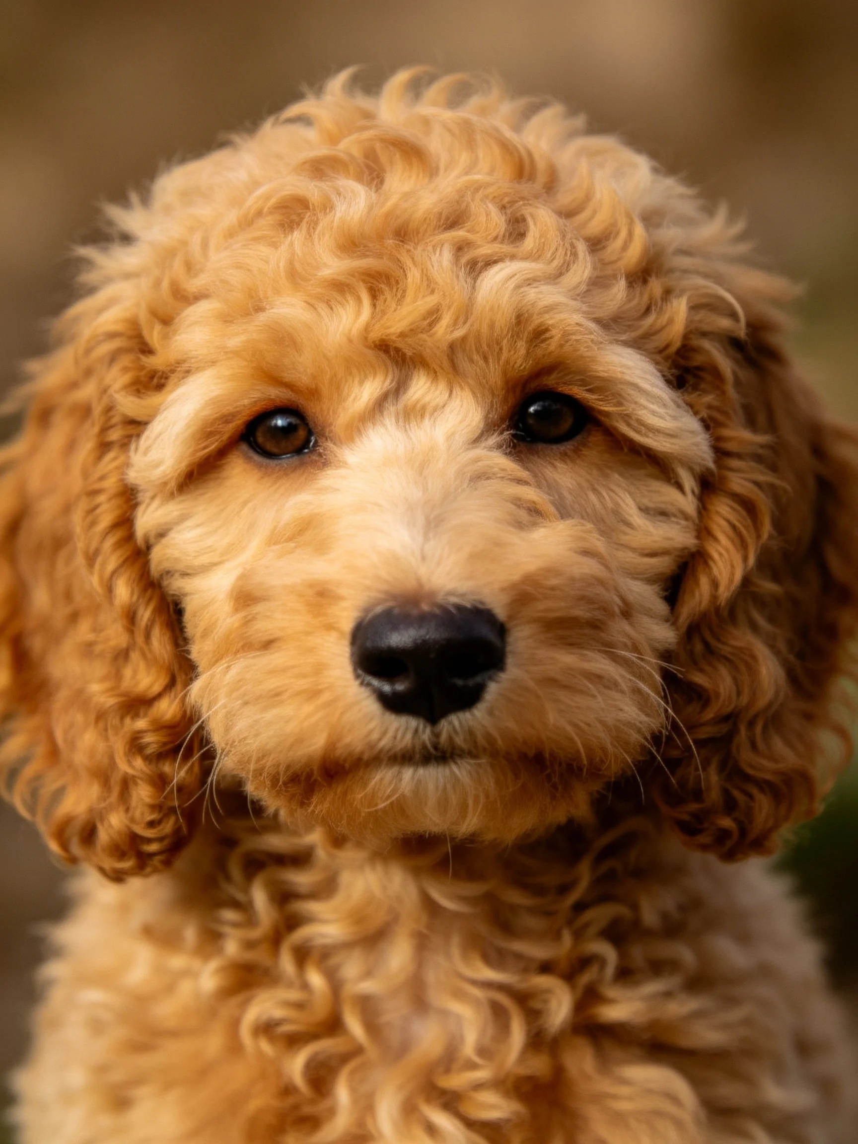 Golden curly-haired puppy in a softly lit close-up portrait.