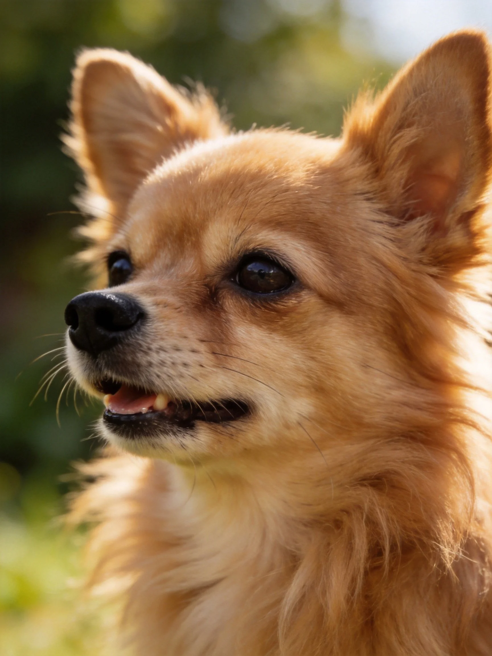 A golden-furred dog with upright ears is photographed up close in an outdoor setting.