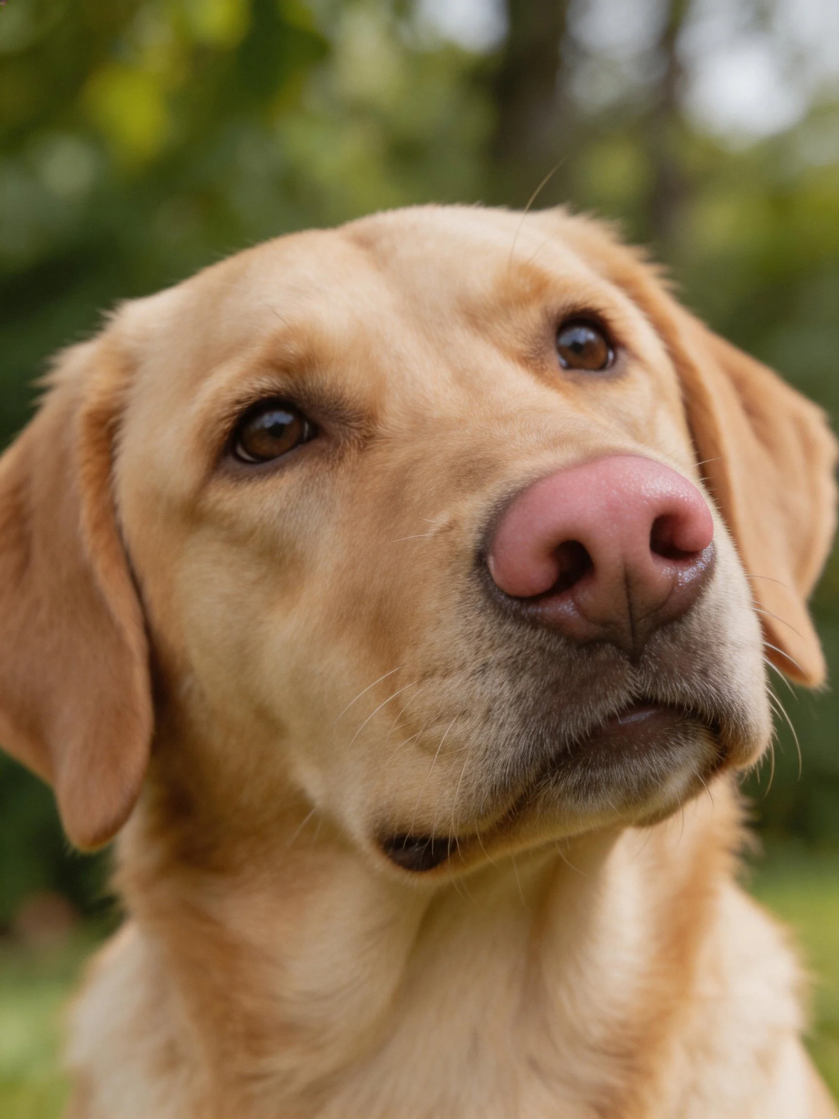 A golden retriever with a pink nose is shown up close in an outdoor setting.
