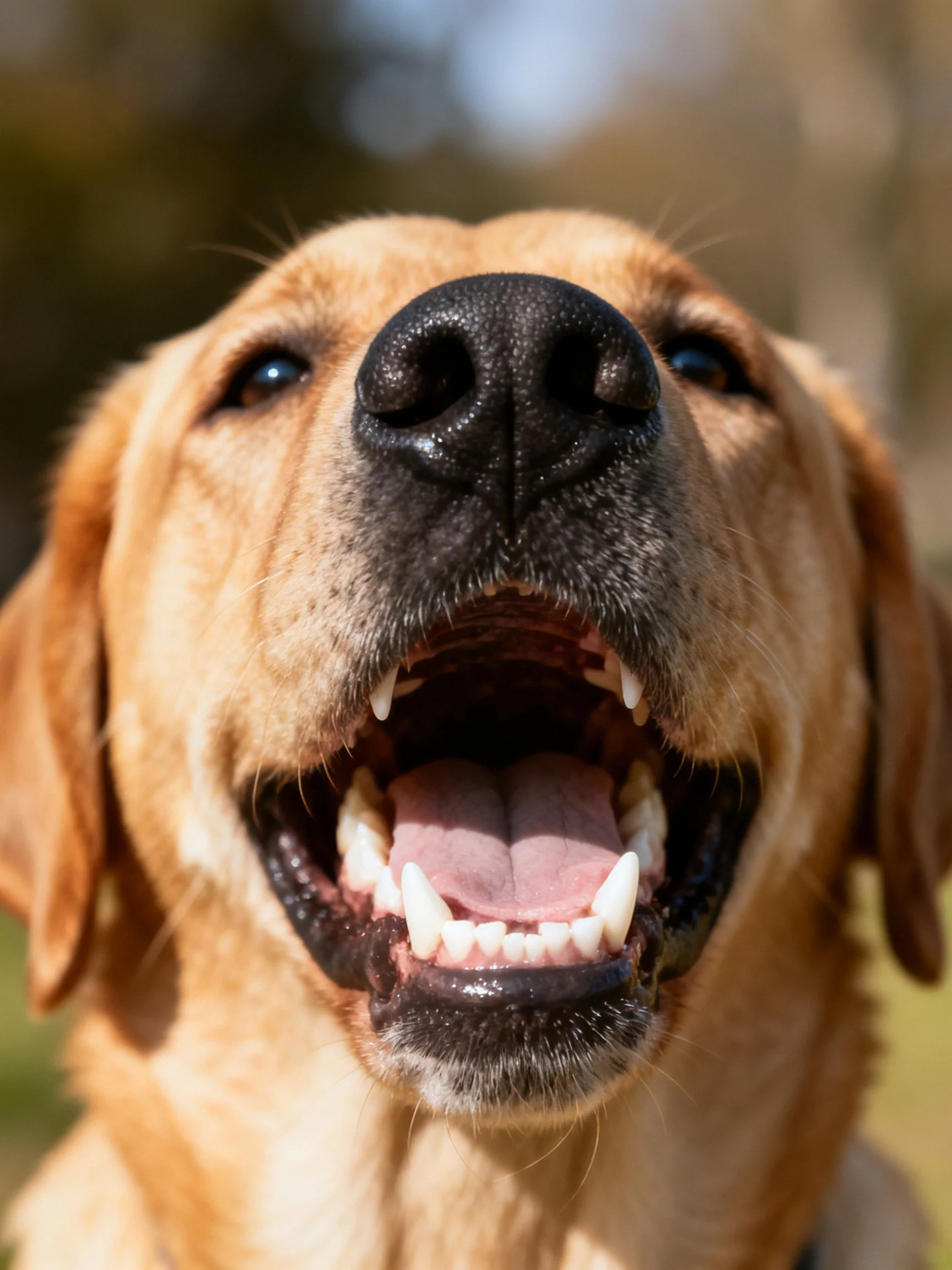 Golden retriever’s face is shown in close - up with mouth open.