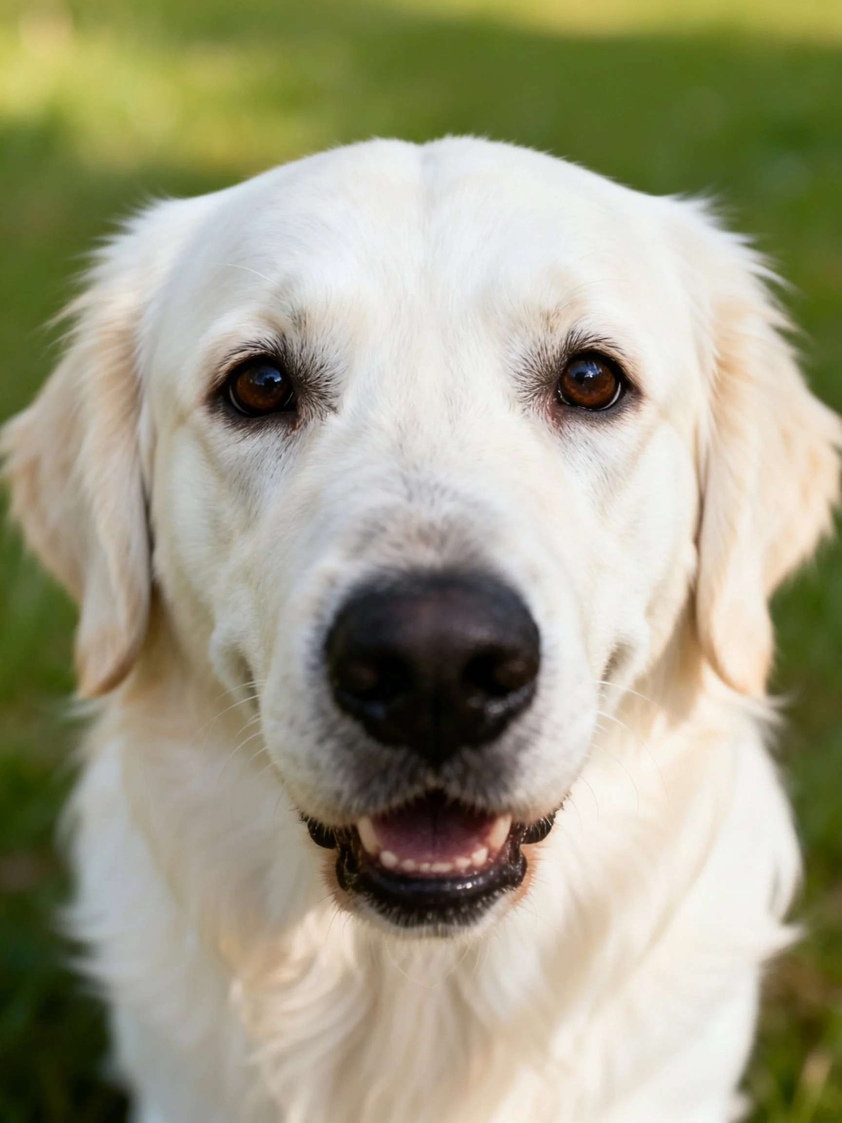A golden retriever with white fur and brown eyes is photographed up close outdoors.