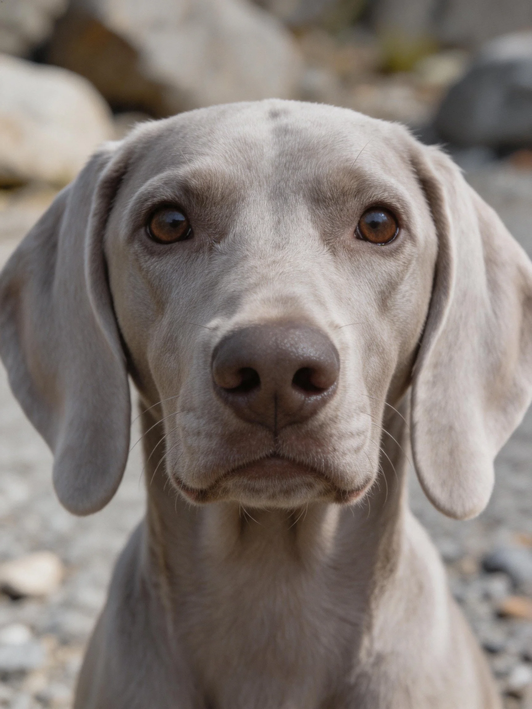 Close - up of a gray Weimaraner with large ears