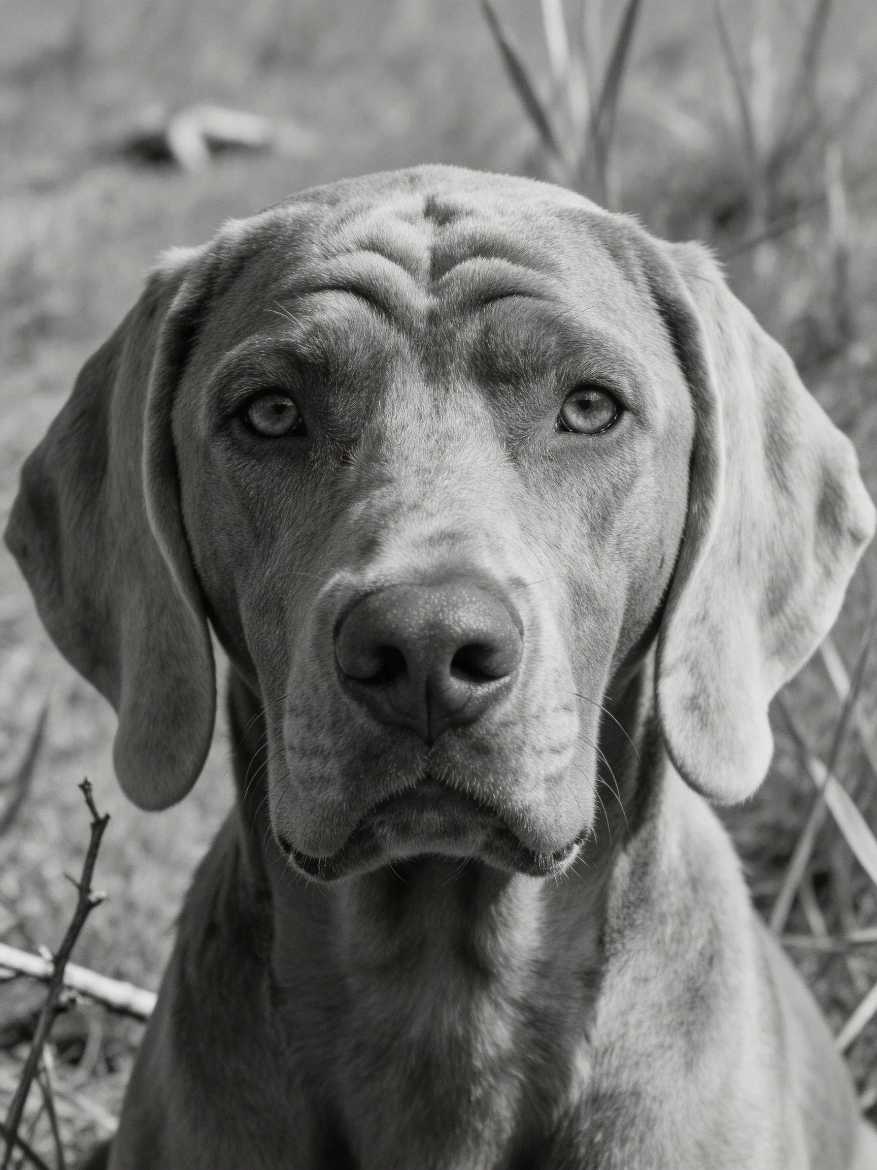 A gray dog with large droopy ears gazes directly at the camera.