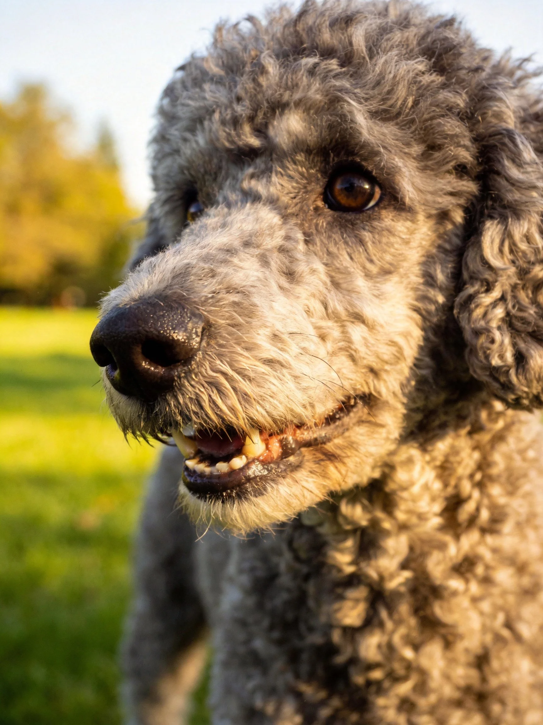 A gray curly-haired dog is shown up close in a sunlit outdoor setting.