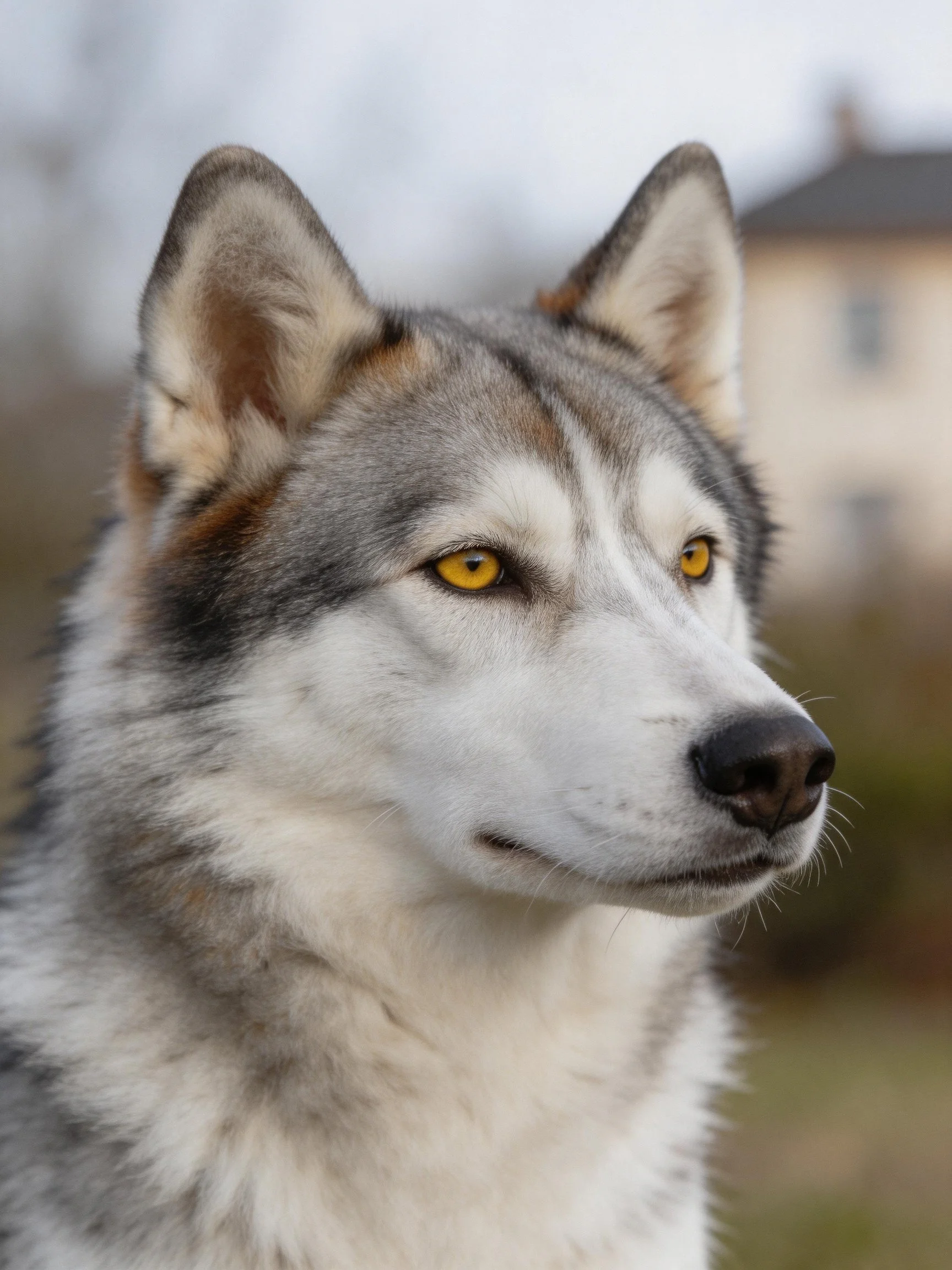 Close - up of a gray, white, and brown husky with bright yellow eyes